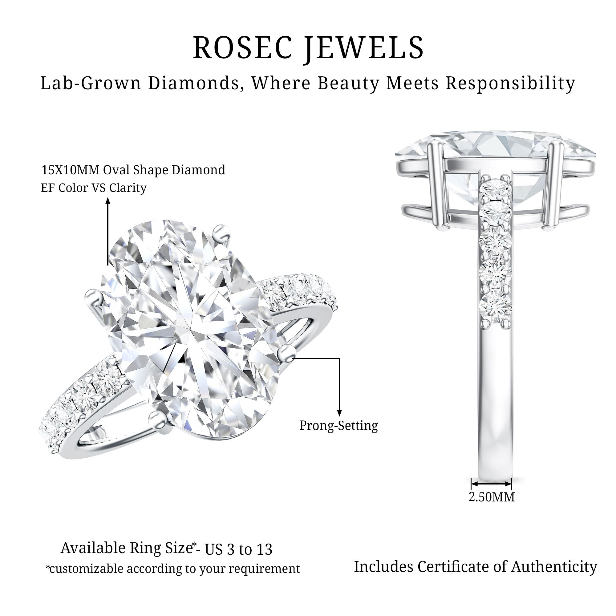 5 Carat Big Lab Grown Diamond Oval Engagement Ring with IGI Certificate Lab - ( EF-VS ) - Rosec Jewels