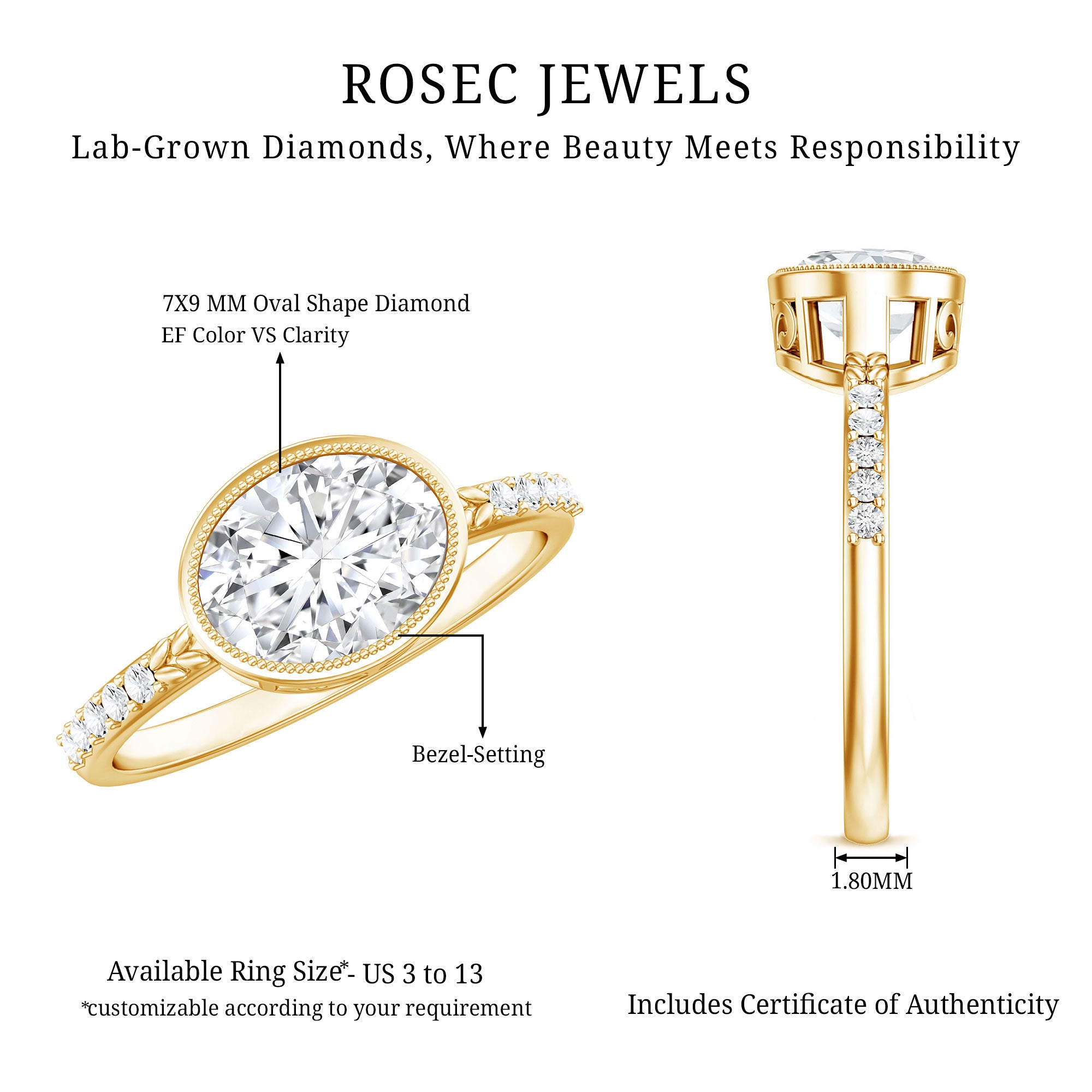 IGI Certified Lab Diamond Engagement Ring with 2 Carat Oval Lab - ( EF-VS ) - Rosec Jewels