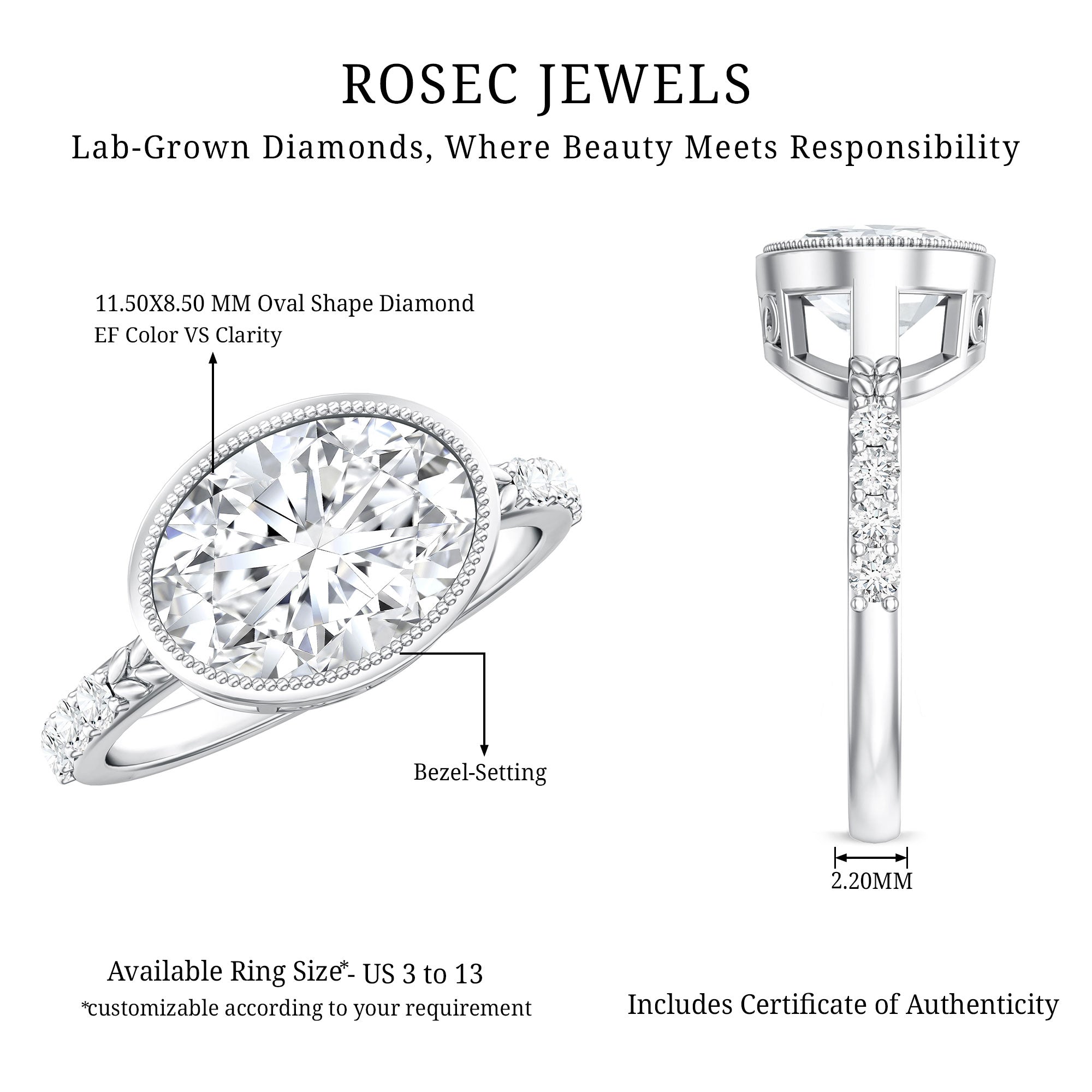 3 Carat Big Lab Grown Diamond Bezel Set Engagement Ring with IGI Certificate Lab - ( EF-VS ) - Rosec Jewels