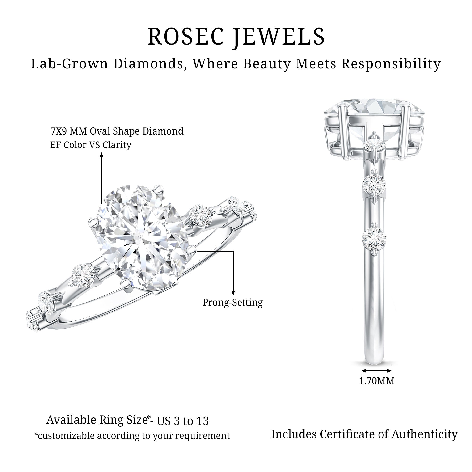 IGI Certified 2 Carat Lab Grown Diamond Oval Engagement Ring with Spaced Accent Lab - ( EF-VS ) - Rosec Jewels