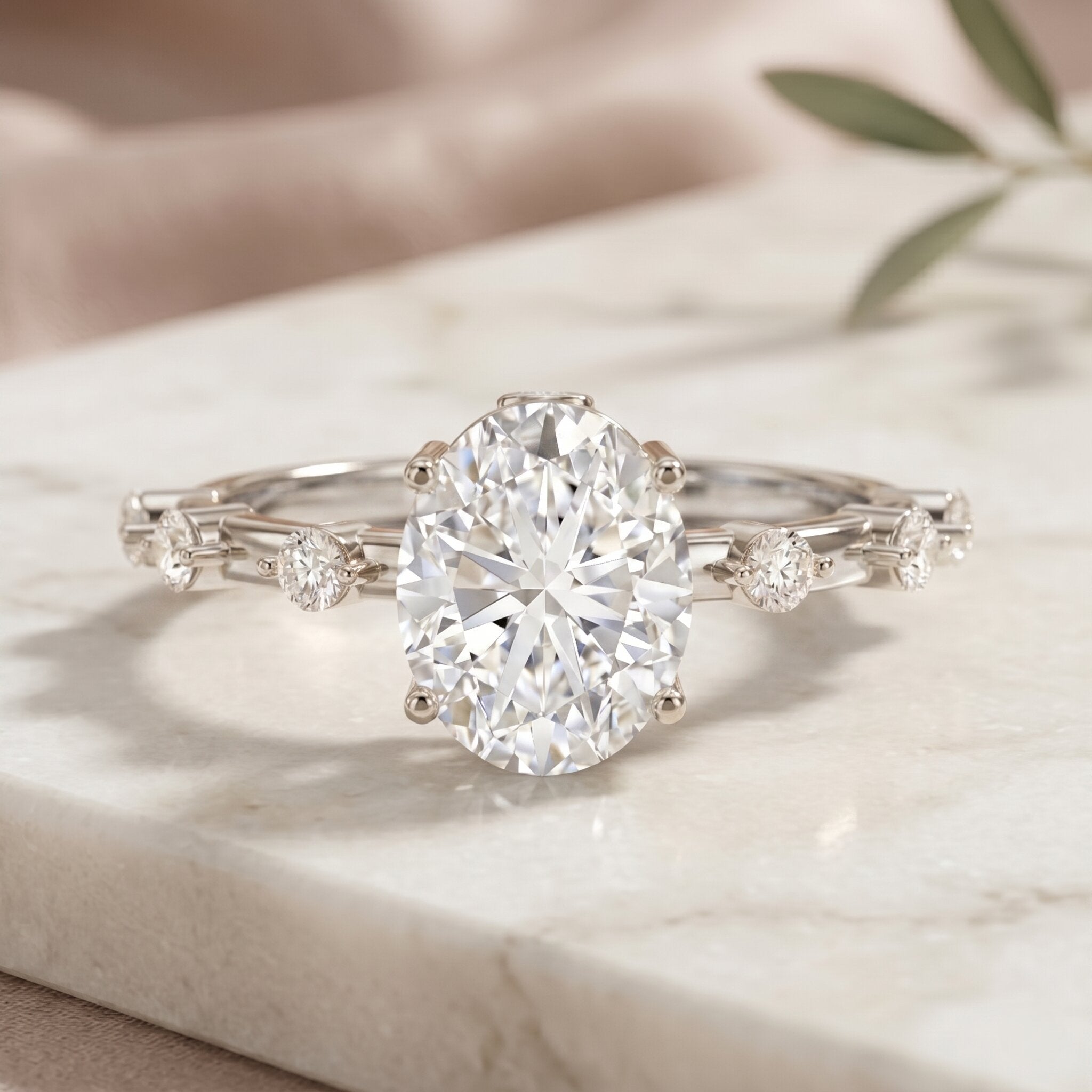 IGI Certified 2 Carat Lab Grown Diamond Oval Engagement Ring with Spaced Accent Lab - ( E-VS1 ) - Rosec Jewels