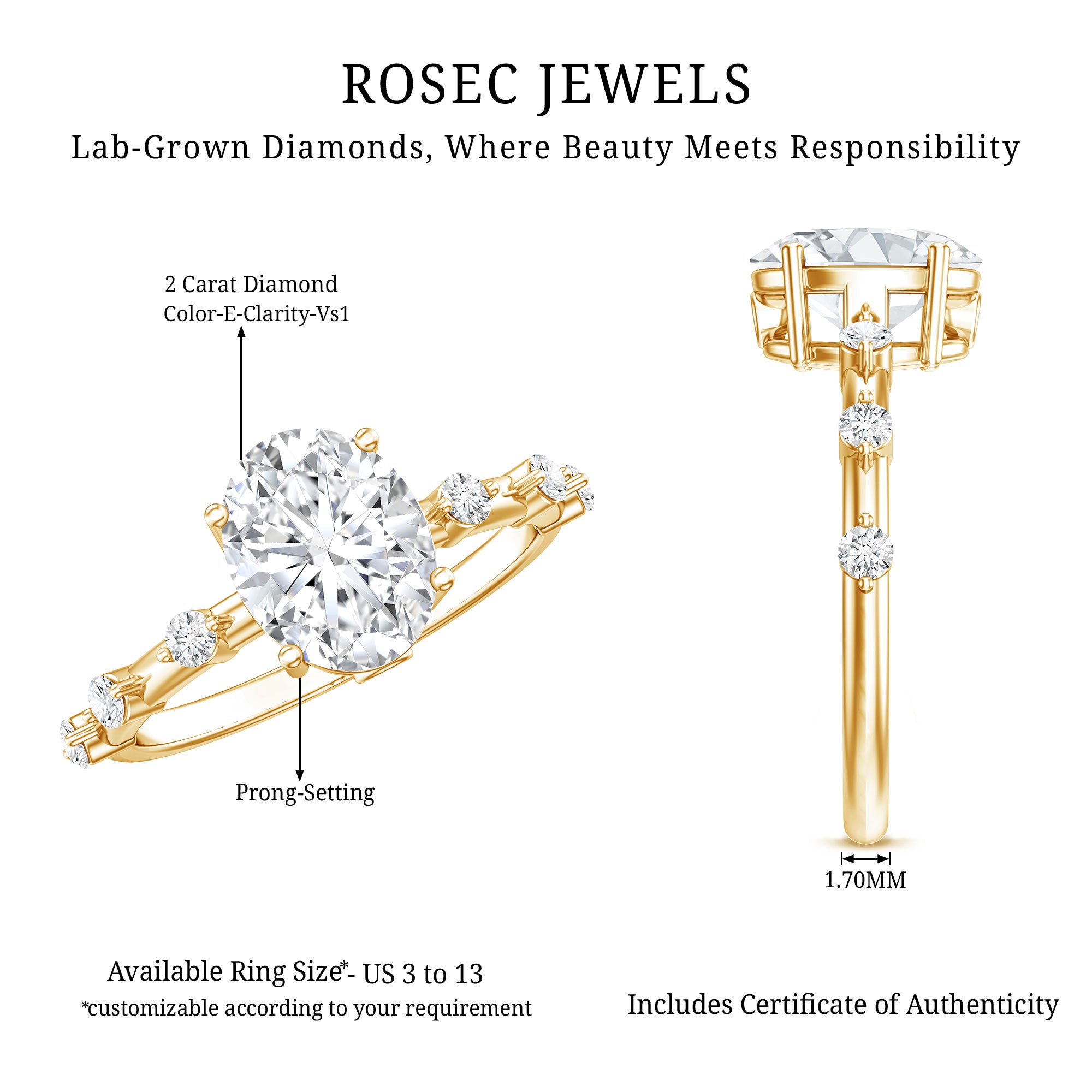 IGI Certified 2 Carat Lab Grown Diamond Oval Engagement Ring with Spaced Accent Lab - ( E-VS1 ) - Rosec Jewels