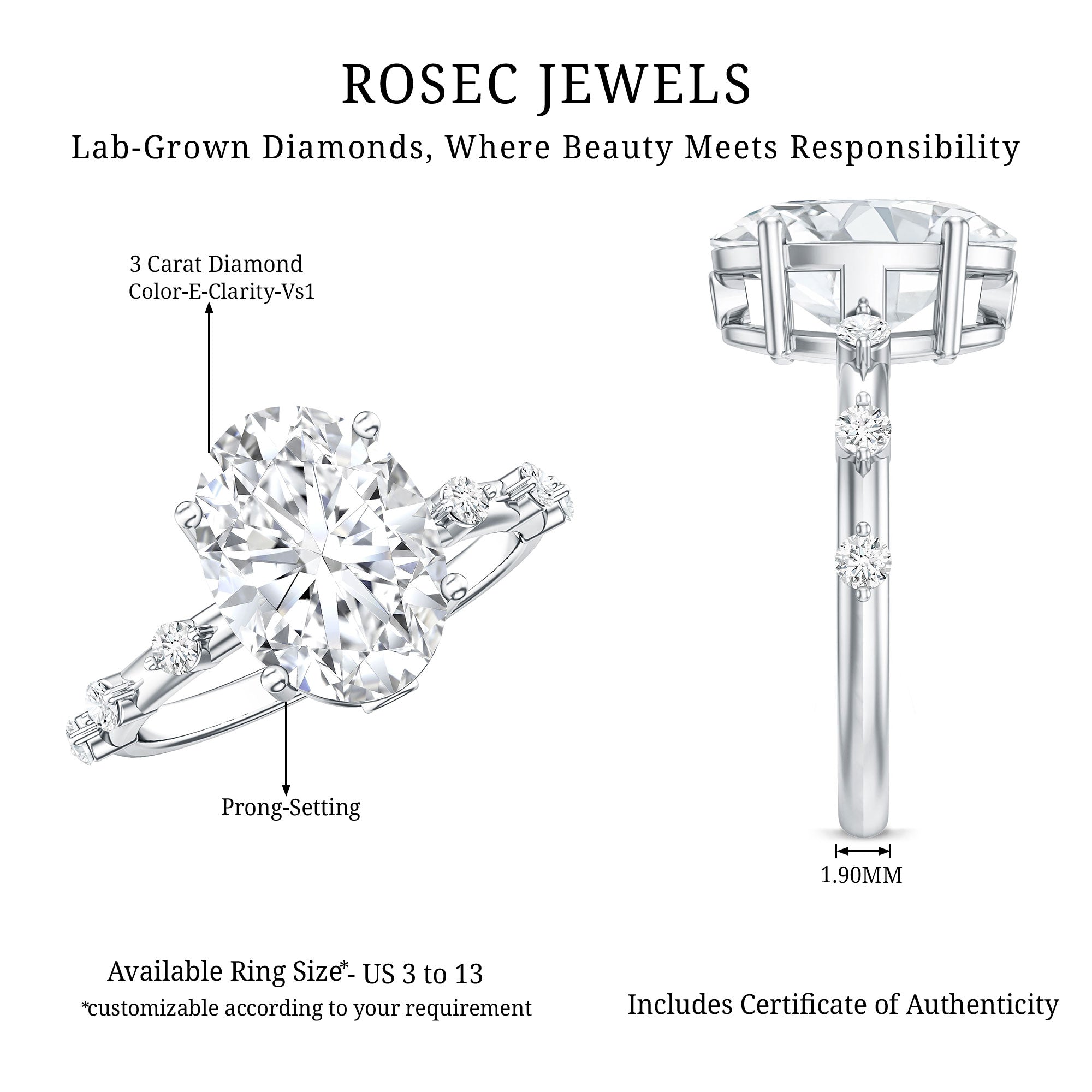 3 Carat Oval Lab Grown Diamond Solitaire Engagement Ring with IGI Certificate Lab - ( E-VS1 ) - Rosec Jewels