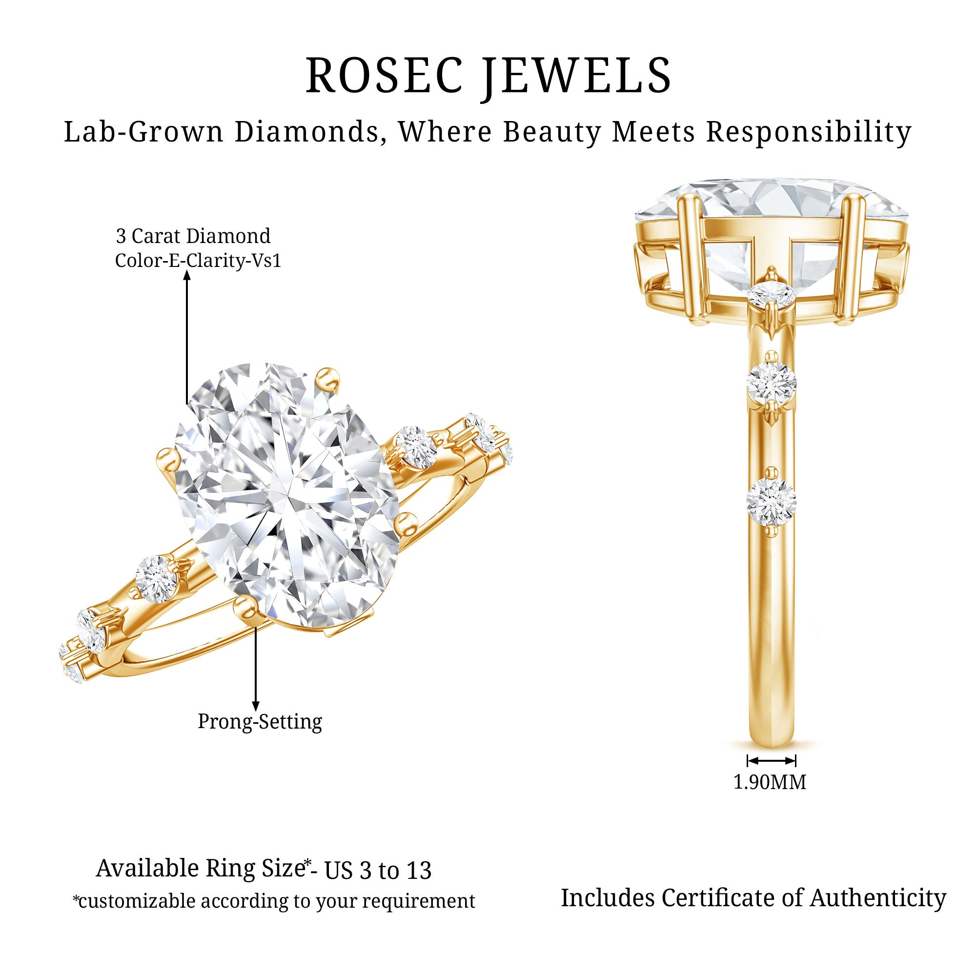 3 Carat Oval Lab Grown Diamond Solitaire Engagement Ring with IGI Certificate Lab - ( E-VS1 ) - Rosec Jewels