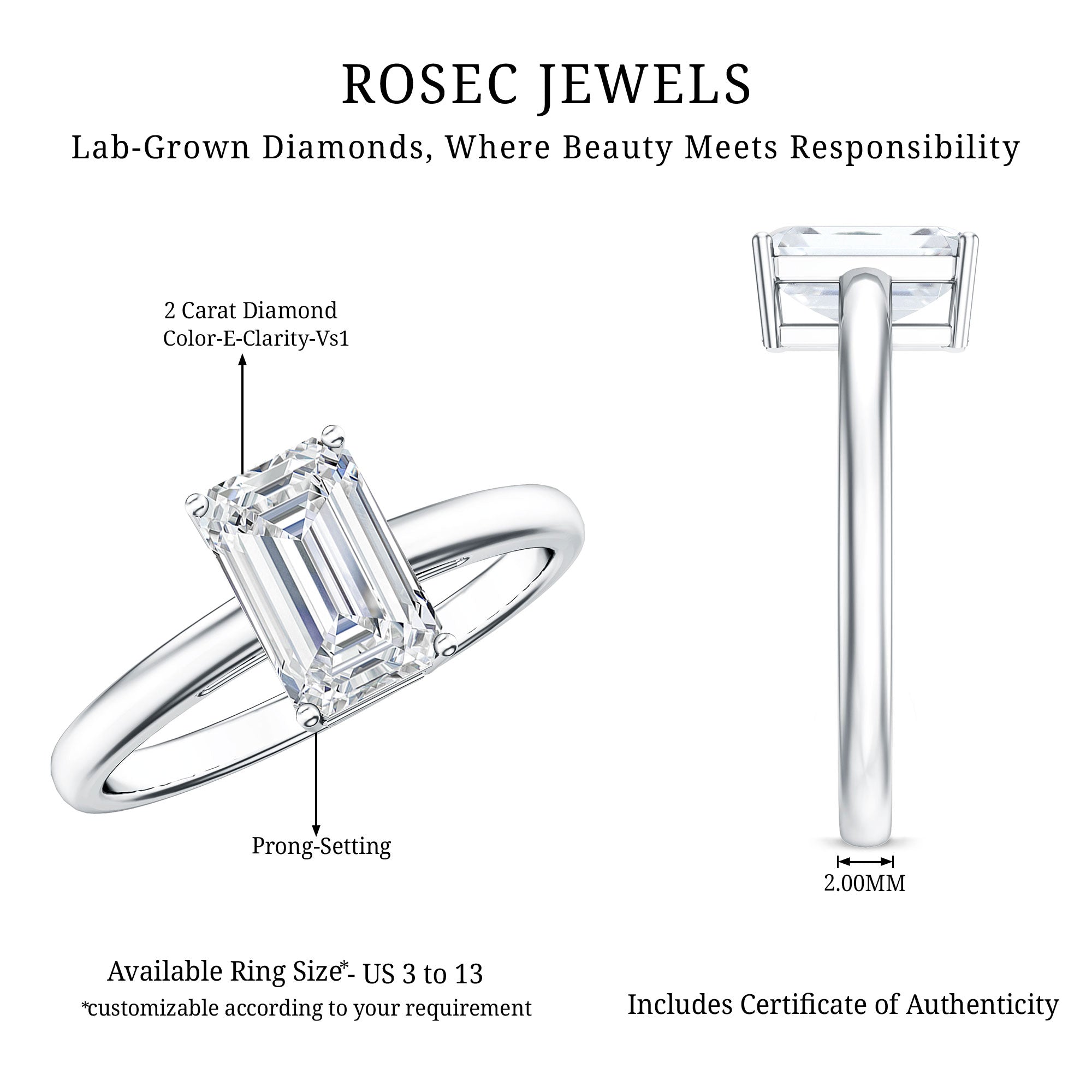 Emerald Cut 2 Carat Engagement Ring with IGI Certified Lab Diamond Lab - ( E-VS1 ) - Rosec Jewels