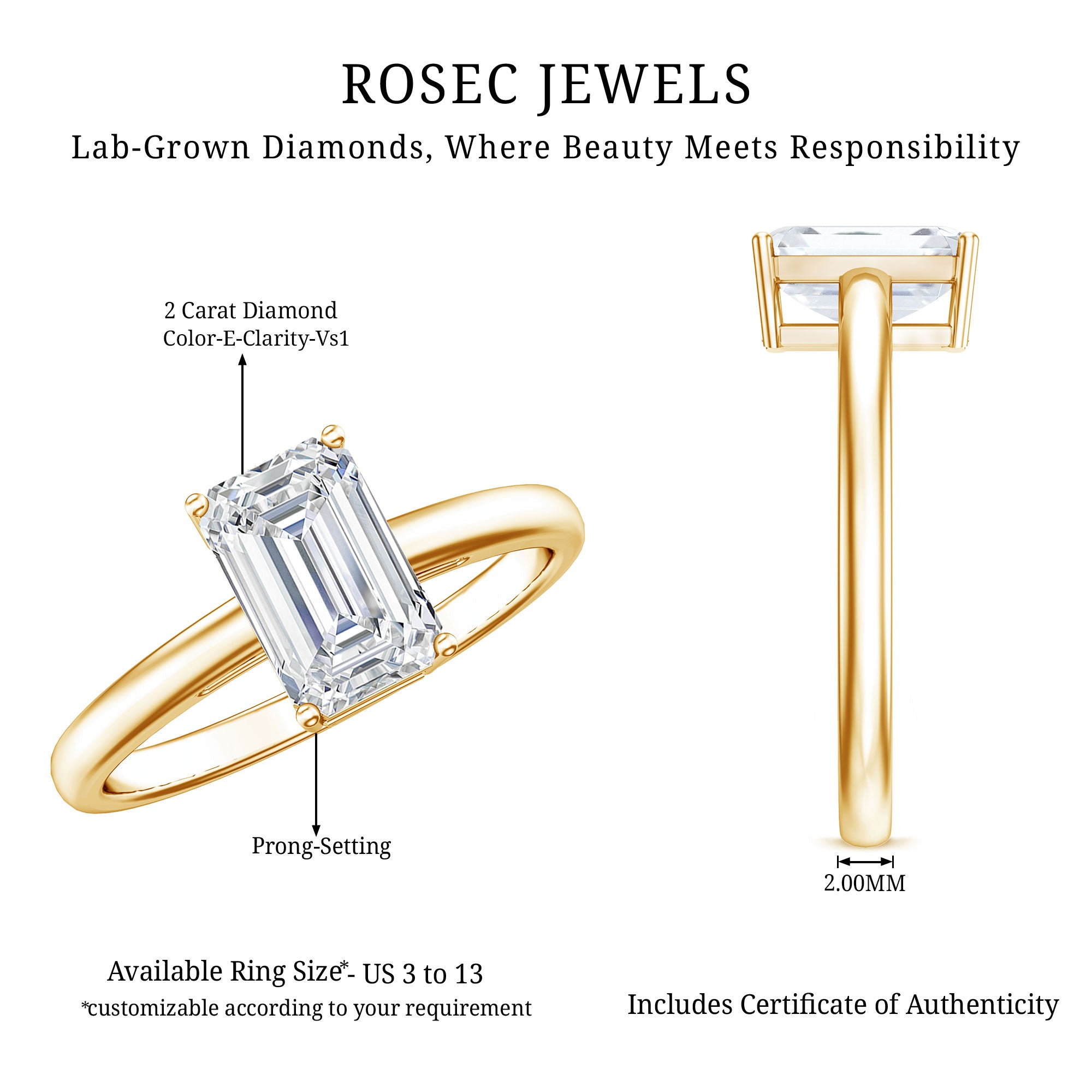 Emerald Cut 2 Carat Engagement Ring with IGI Certified Lab Diamond Lab - ( E-VS1 ) - Rosec Jewels