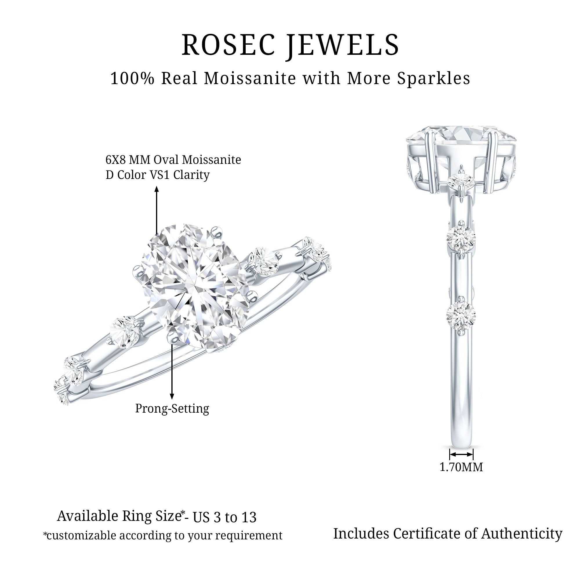 IGI Certified 1.2 Carat Oval Lab Grown Diamond Engagement Ring with Spaced Accent Lab - ( EF-VS ) - Rosec Jewels
