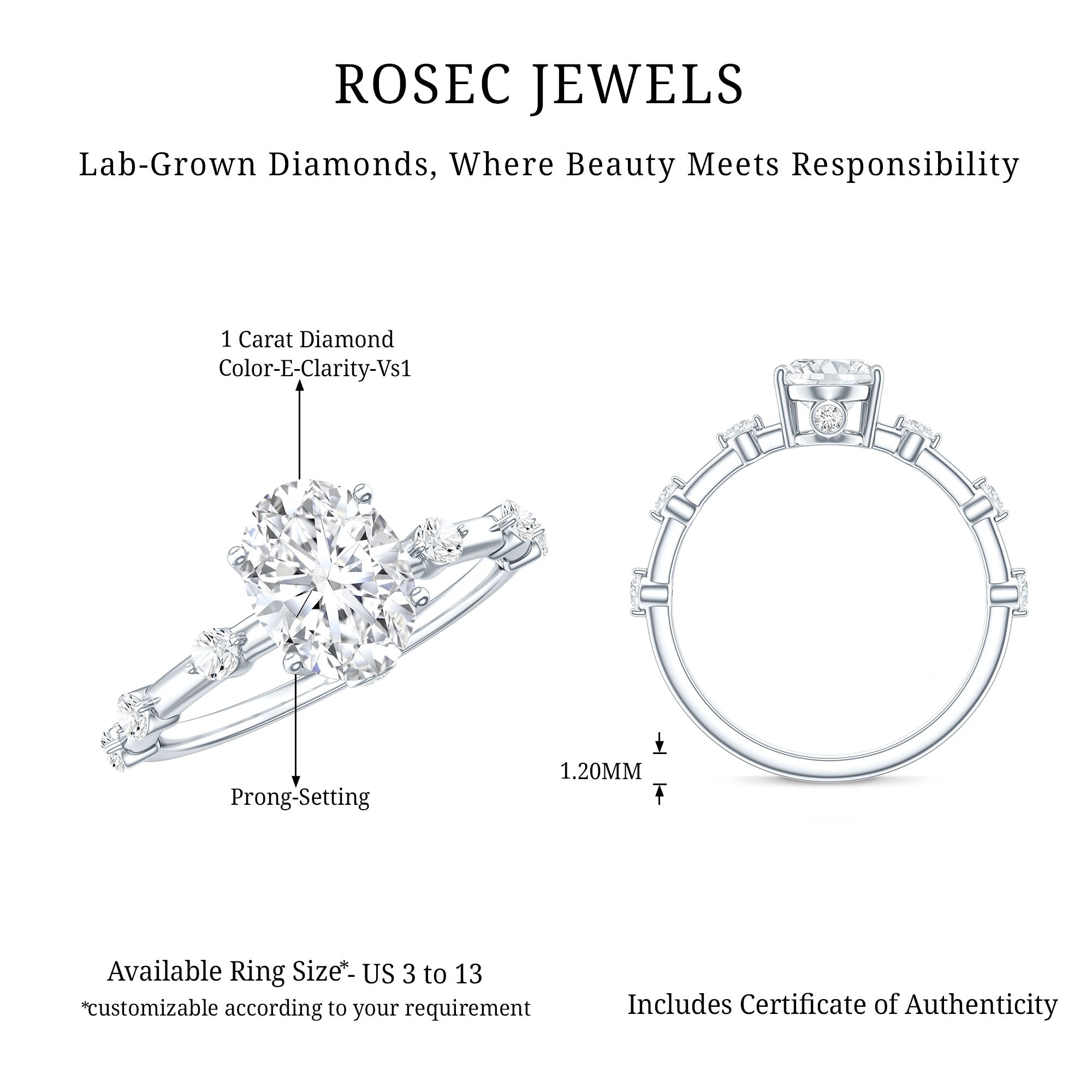 IGI Certified 1 Carat Oval Lab Grown Diamond Engagement Ring with Spaced Accent Lab - ( E-VS1 ) - Rosec Jewels