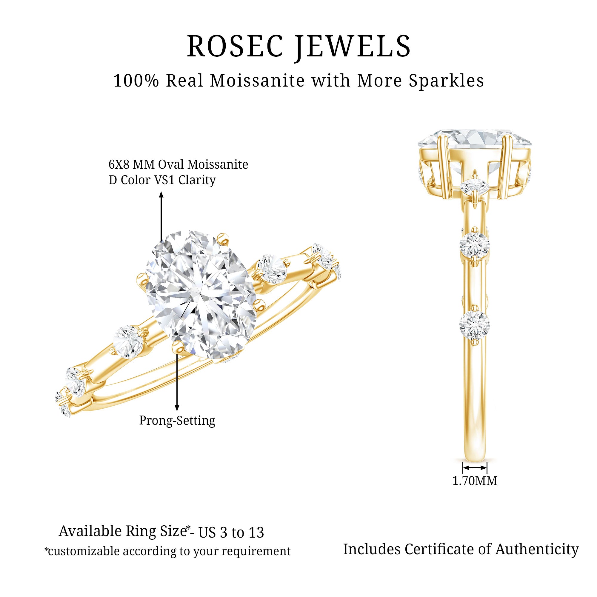 IGI Certified 1.2 Carat Oval Lab Grown Diamond Engagement Ring with Spaced Accent Lab - ( EF-VS ) - Rosec Jewels