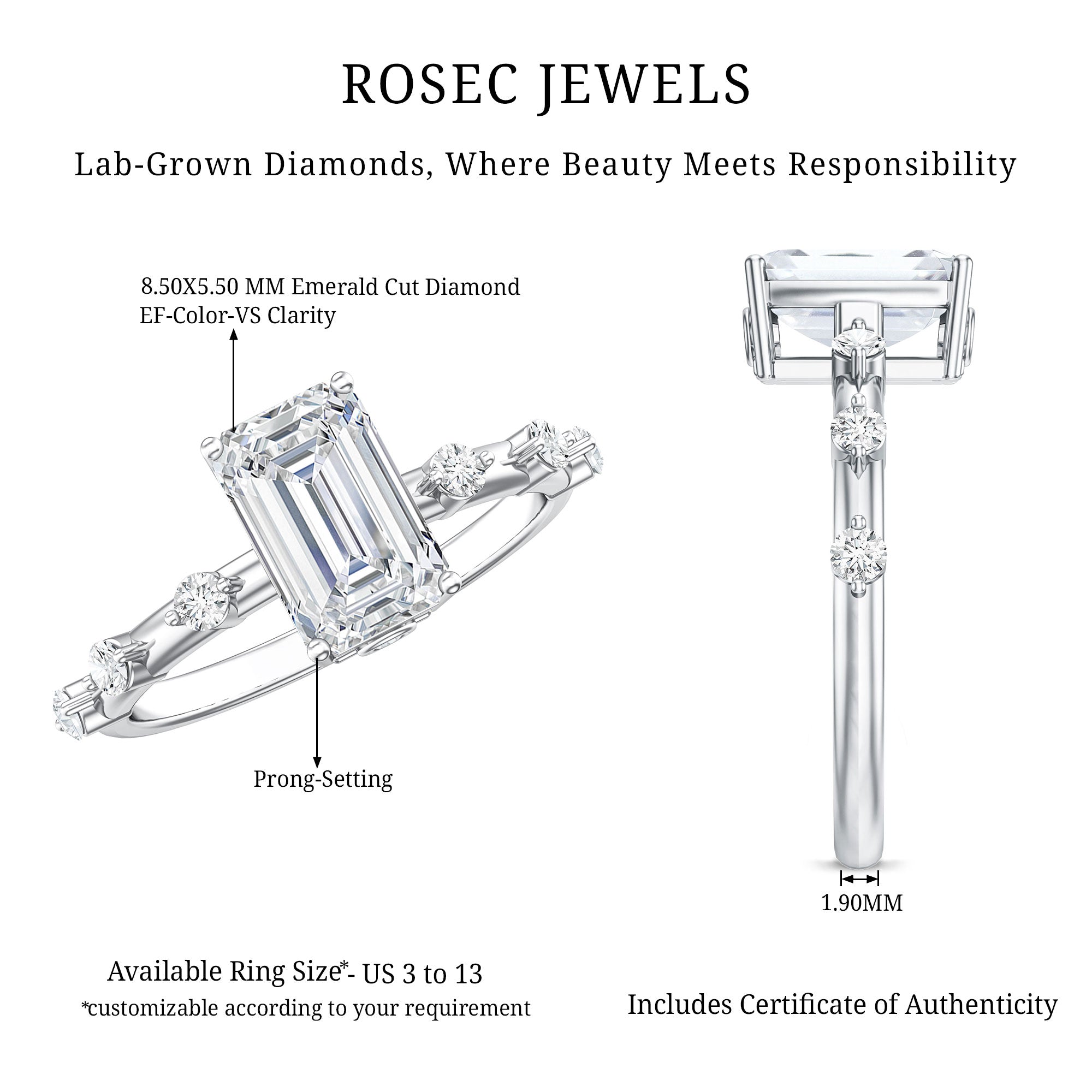 Emerald Cut 2 Carat Lab Grown Diamond Engagement Ring IGI Certified Lab - ( EF-VS ) - Rosec Jewels