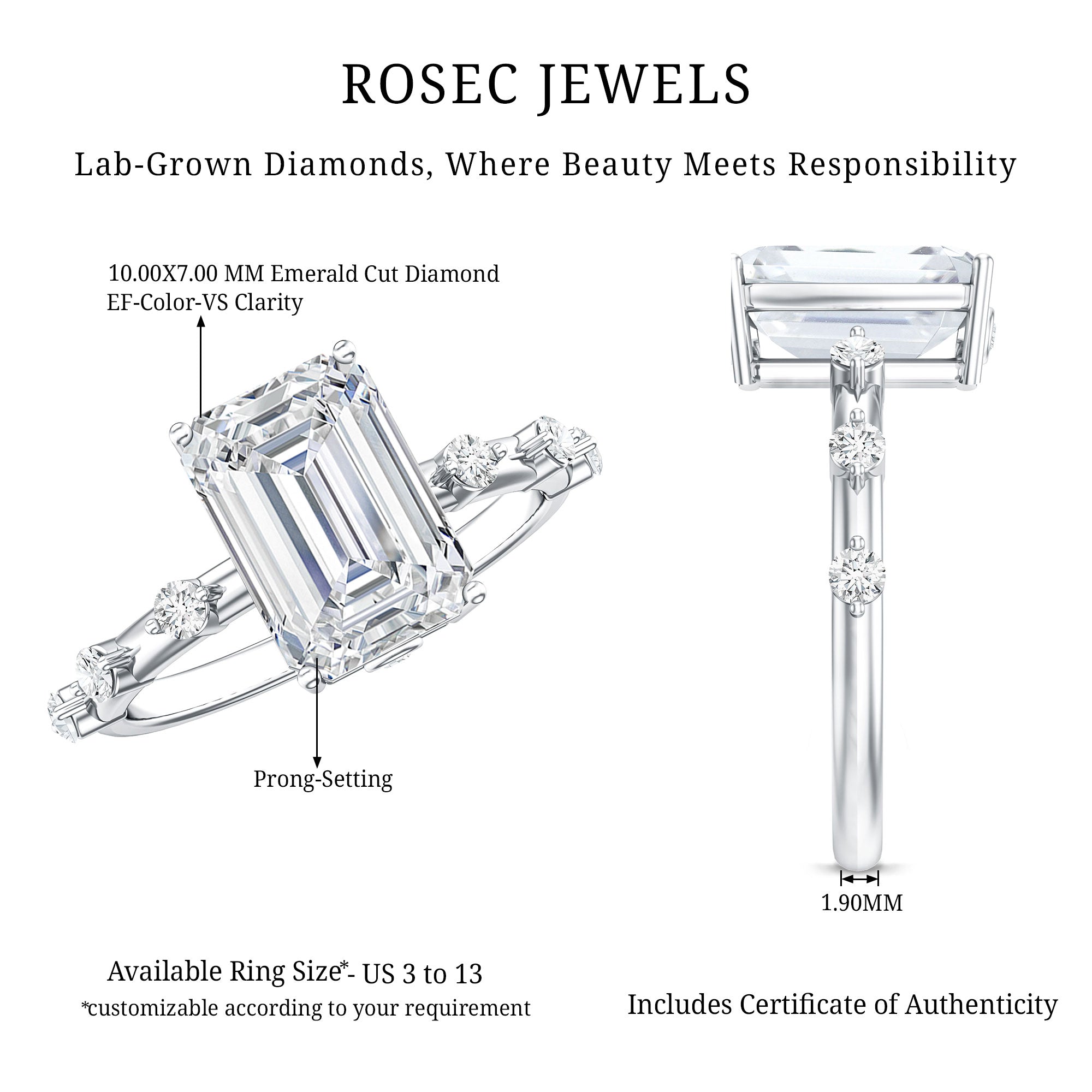 IGI Certified 3 Carat Emerald Cut Lab Grown Diamond Engagement Ring Lab - ( EF-VS ) - Rosec Jewels