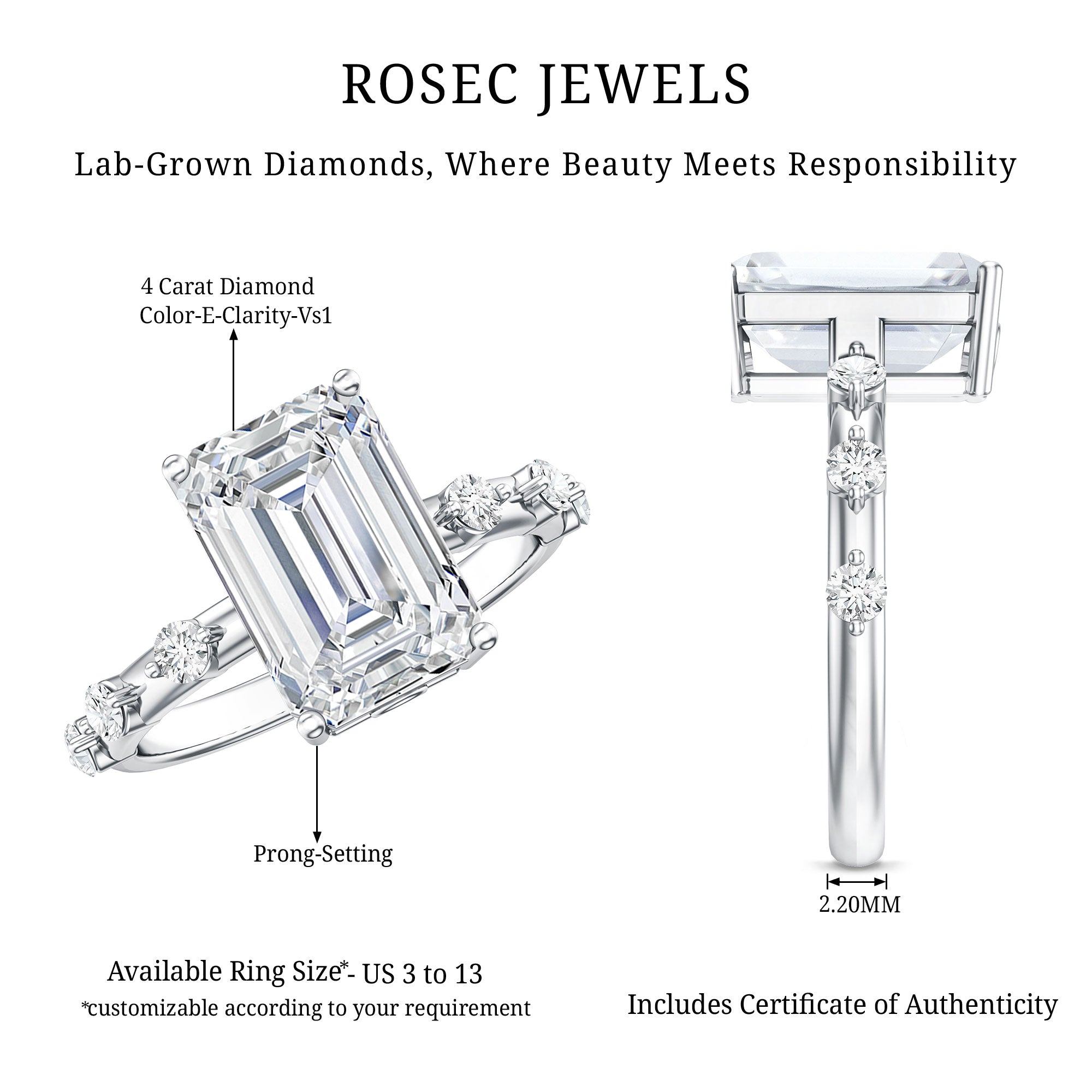 IGI Certified 4 Carat Lab Grown Emerald Cut Diamond Engagement Ring with Spaced Accent Lab - ( E-VS1 ) - Rosec Jewels