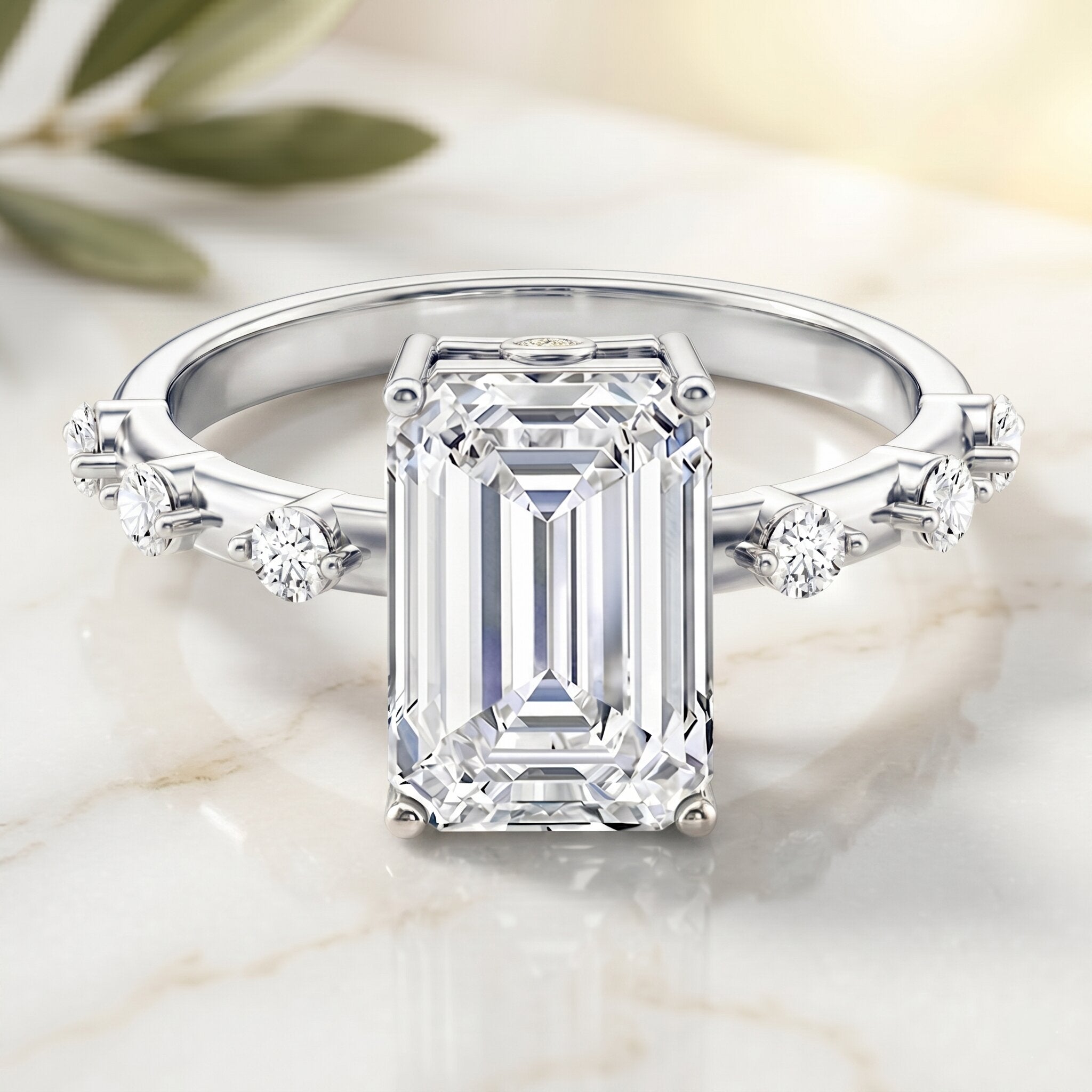 IGI Certified 4 Carat Lab Grown Emerald Cut Diamond Engagement Ring with Spaced Accent Lab - ( E-VS1 ) - Rosec Jewels