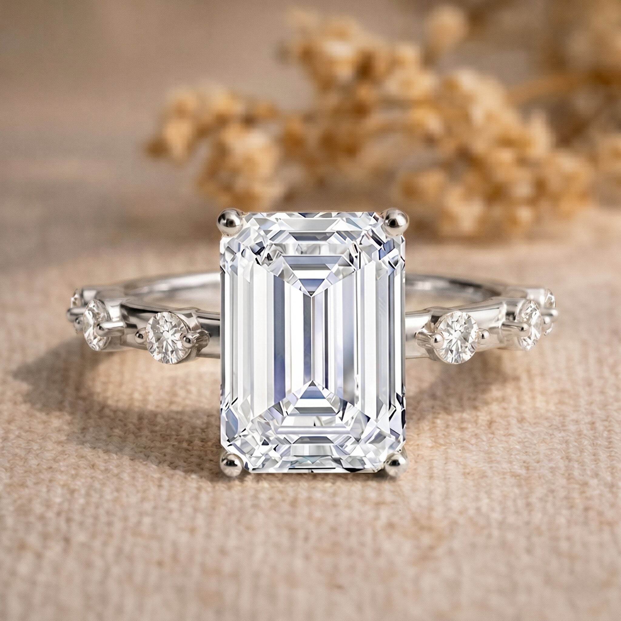 IGI Certified 4 Carat Lab Grown Emerald Cut Diamond Engagement Ring with Spaced Accent Lab - ( EF-VS ) - Rosec Jewels