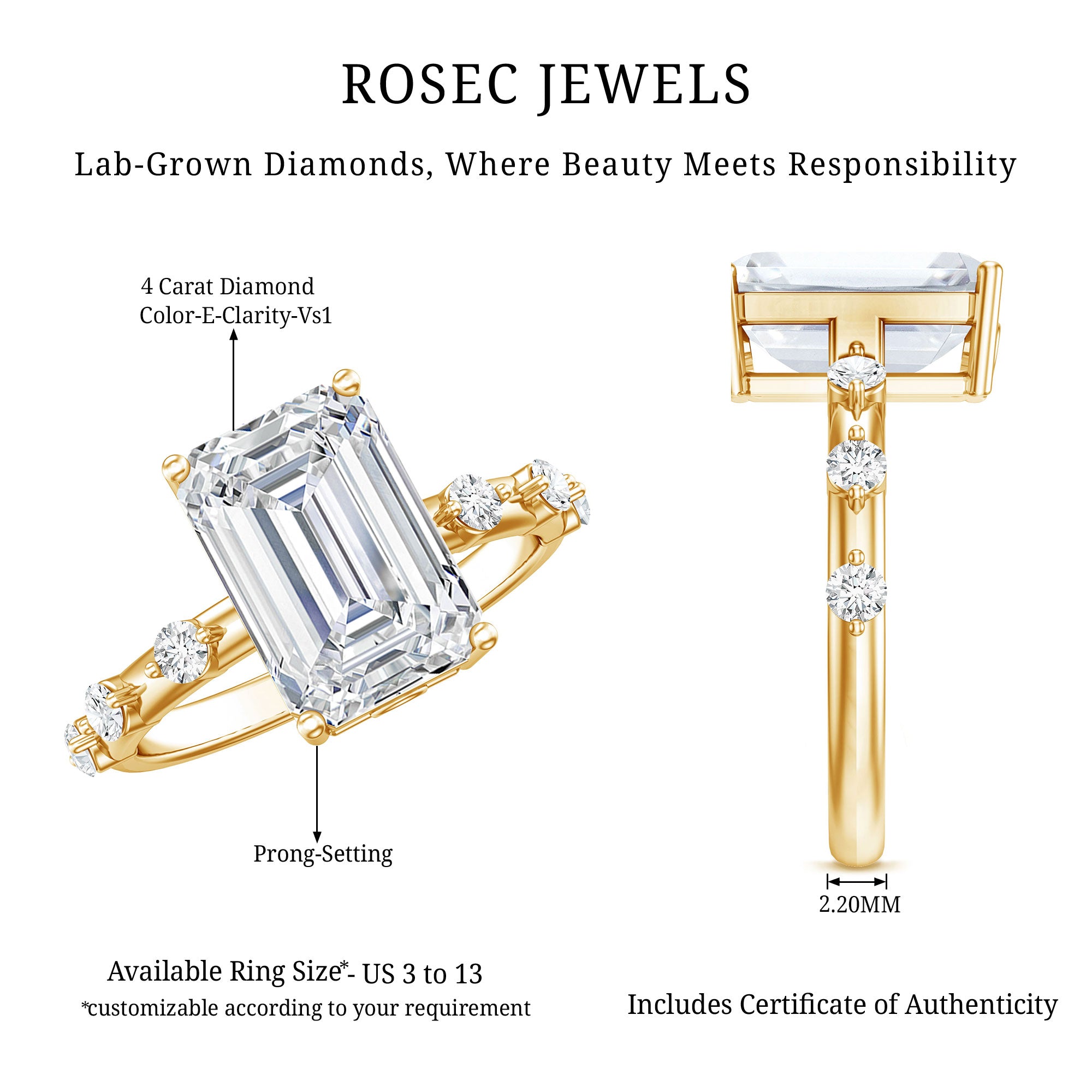 IGI Certified 4 Carat Lab Grown Emerald Cut Diamond Engagement Ring with Spaced Accent Lab - ( E-VS1 ) - Rosec Jewels