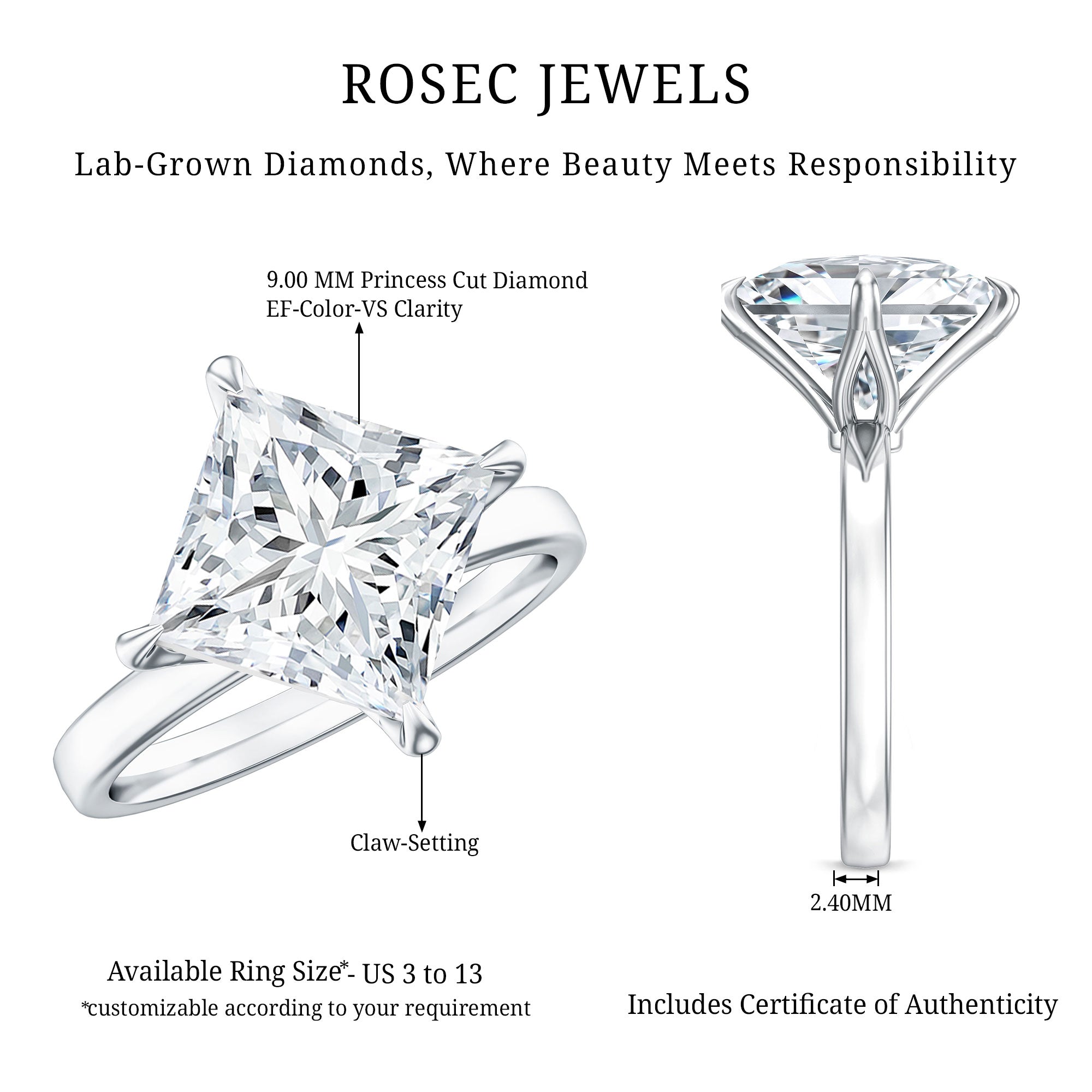 IGI Certified 4 Carat Princess Cut Lab Grown Diamond Engagement Ring Lab - ( E-VS1 ) - Rosec Jewels