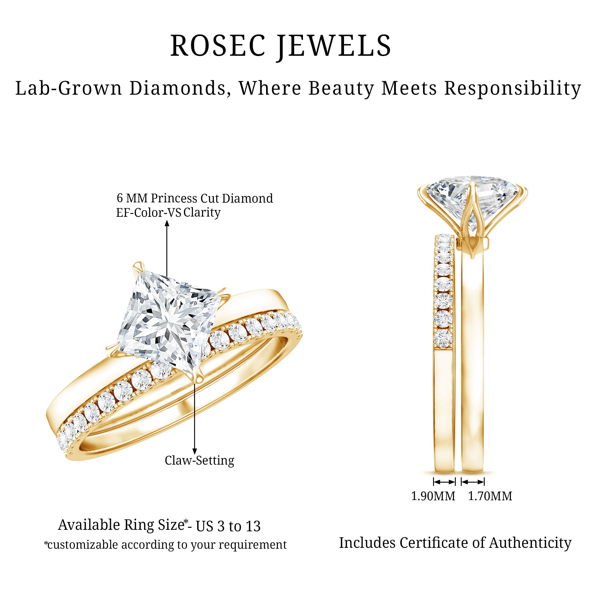 IGI Certified 1 Carat Lab Grown Diamond Princess Cut Bridal Ring Set Lab - ( E-VS1 ) - Rosec Jewels