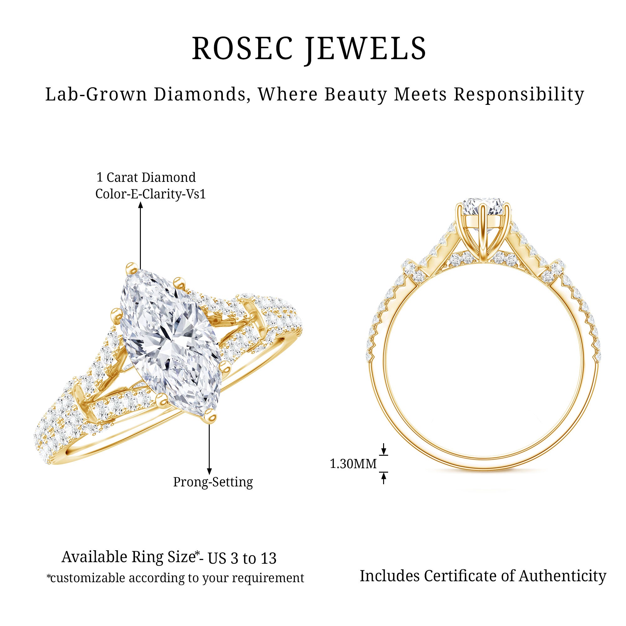 1 Carat Marquise Cut Lab Grown Diamond Split Shank Engagement Ring with IGI Certificate Lab - ( E-VS1 ) - Rosec Jewels