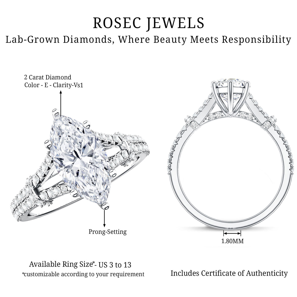 IGI Certified 2 Carat Marquise Lab Grown Diamond Split Shank Engagement Ring Lab - ( E-VS1 ) - Rosec Jewels