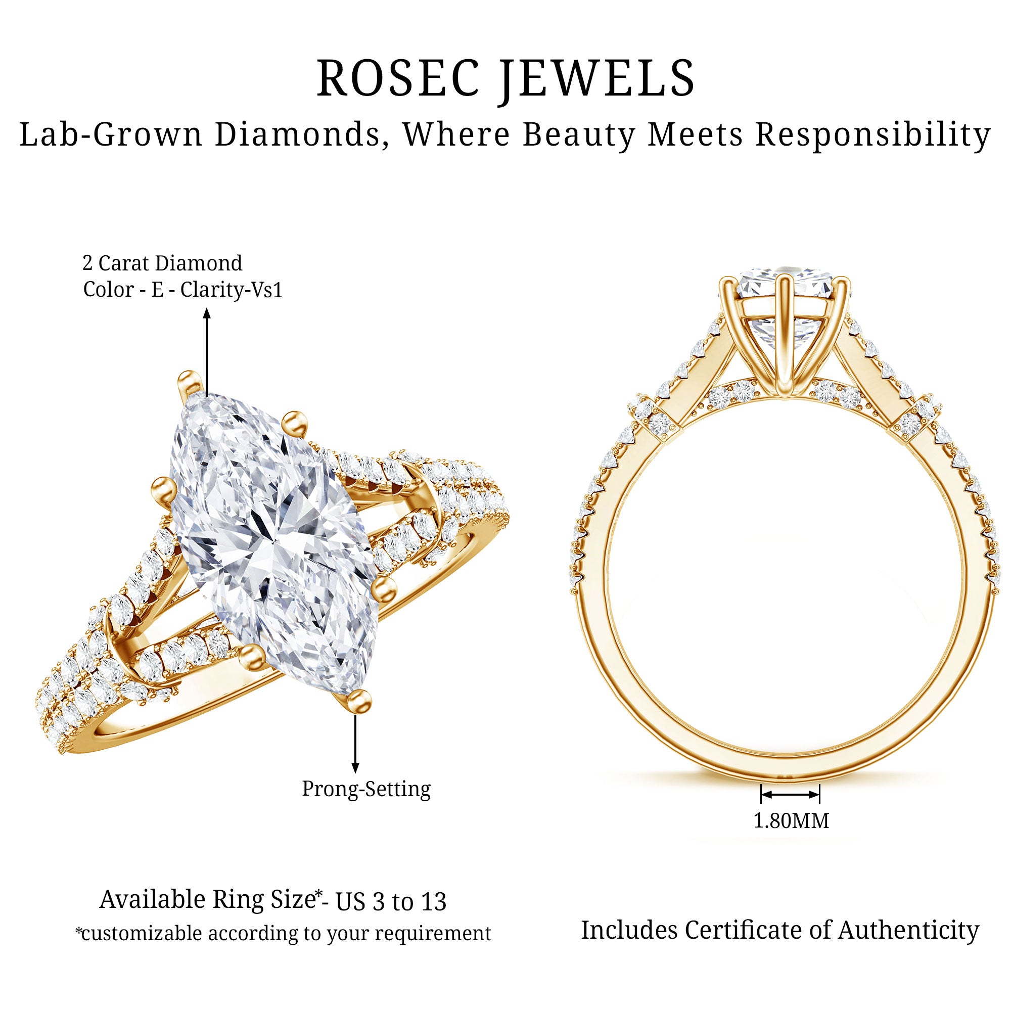 Rosec Jewels-IGI Certified 2 Carat Lab Grown Marquise Diamond Engagement Ring with Split Shank