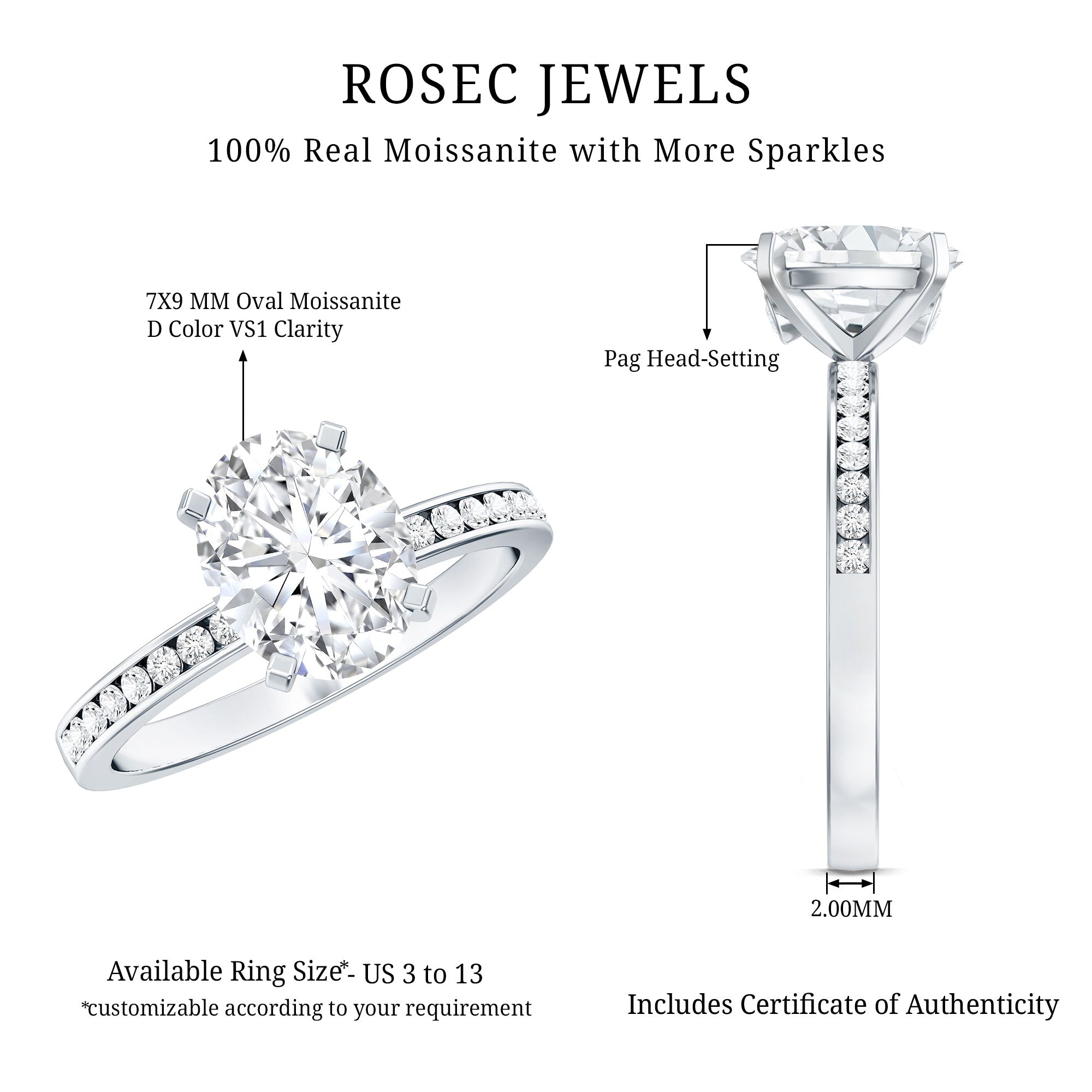 IGI Certified 2 Carat Lab Grown Diamond Oval Engagement Ring With Side Stones Lab - ( E-VS1 ) - Rosec Jewels