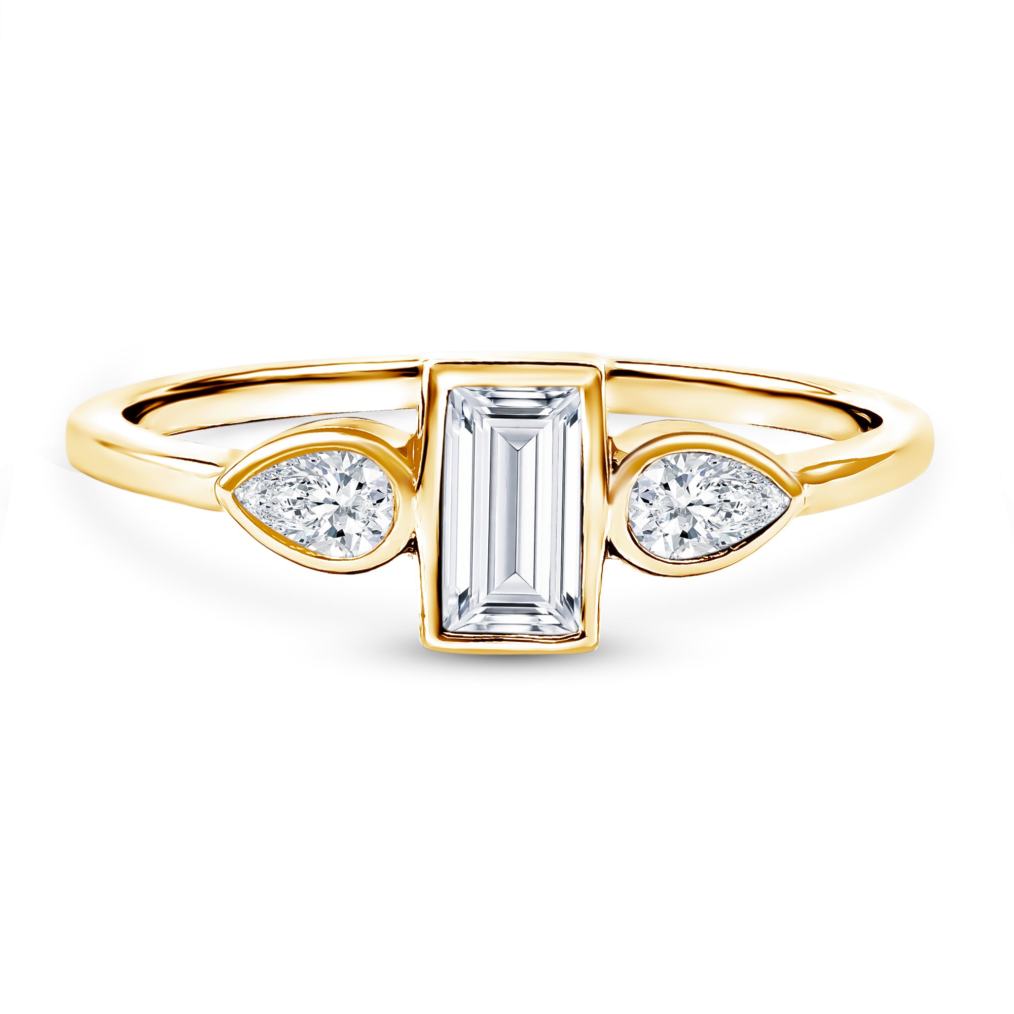 Rosec Jewels-Baguette and Pear Cut Lab Created Diamond Three Stone Engagement Ring