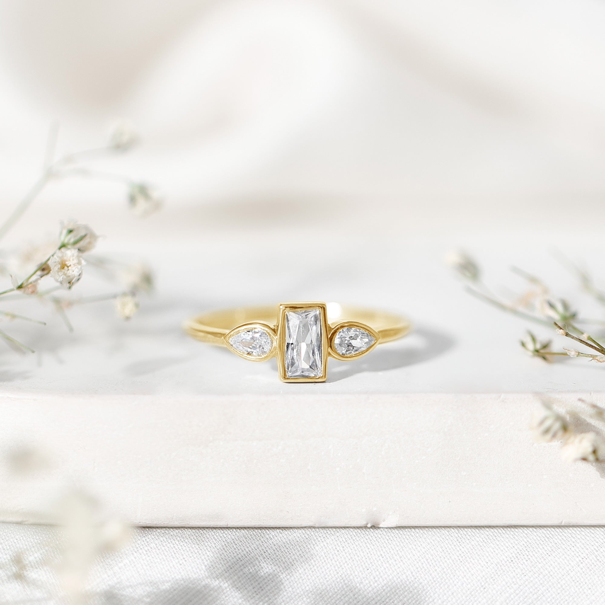 Rosec Jewels-Baguette and Pear Cut Lab Created Diamond Three Stone Engagement Ring