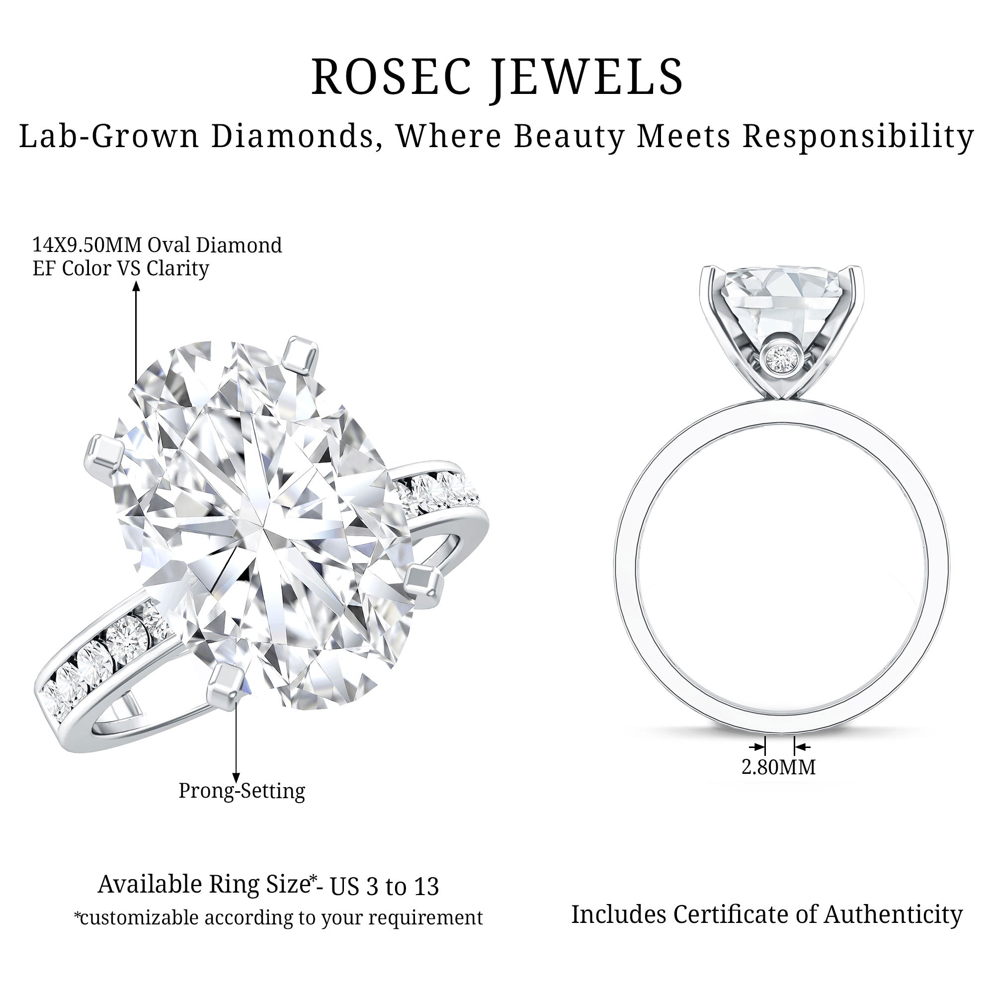 Oval Cut 5 Carat Lab Grown Diamond Big Engagement Ring with IGI Certificate Lab - ( E-VS1 ) - Rosec Jewels