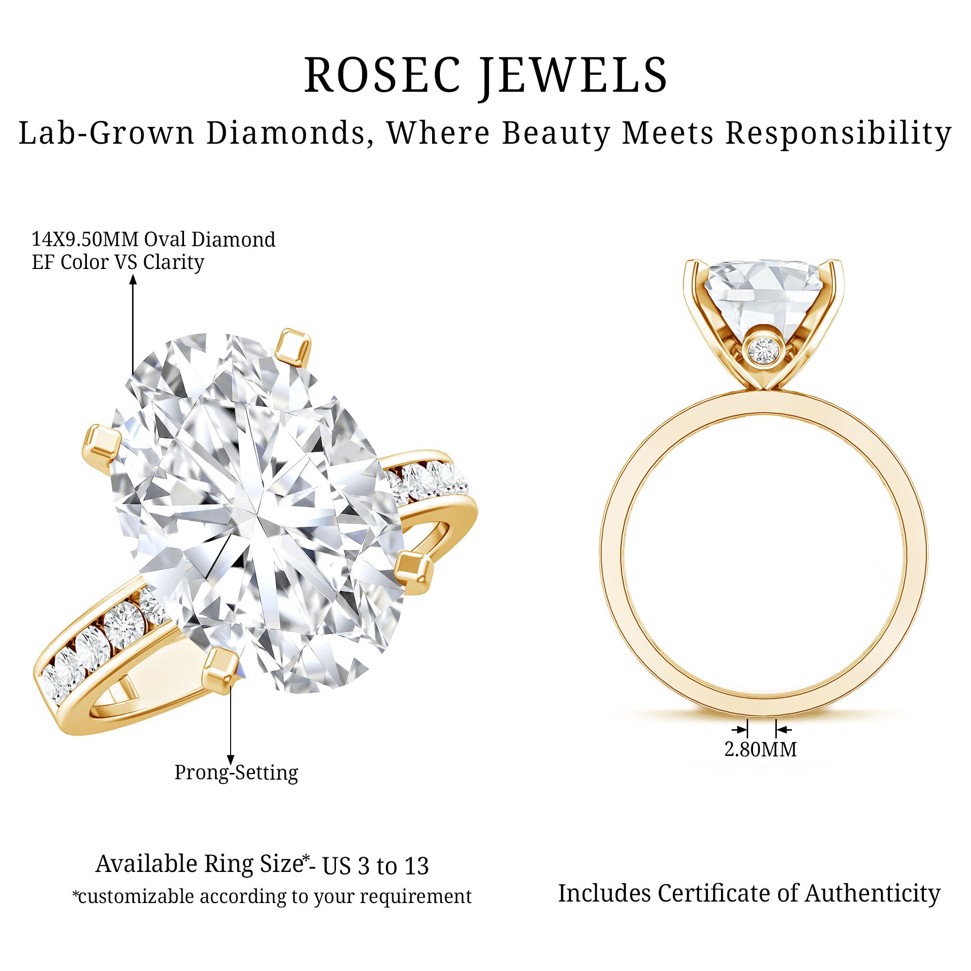Oval Cut 5 Carat Lab Grown Diamond Big Engagement Ring with IGI Certificate Lab - ( E-VS1 ) - Rosec Jewels