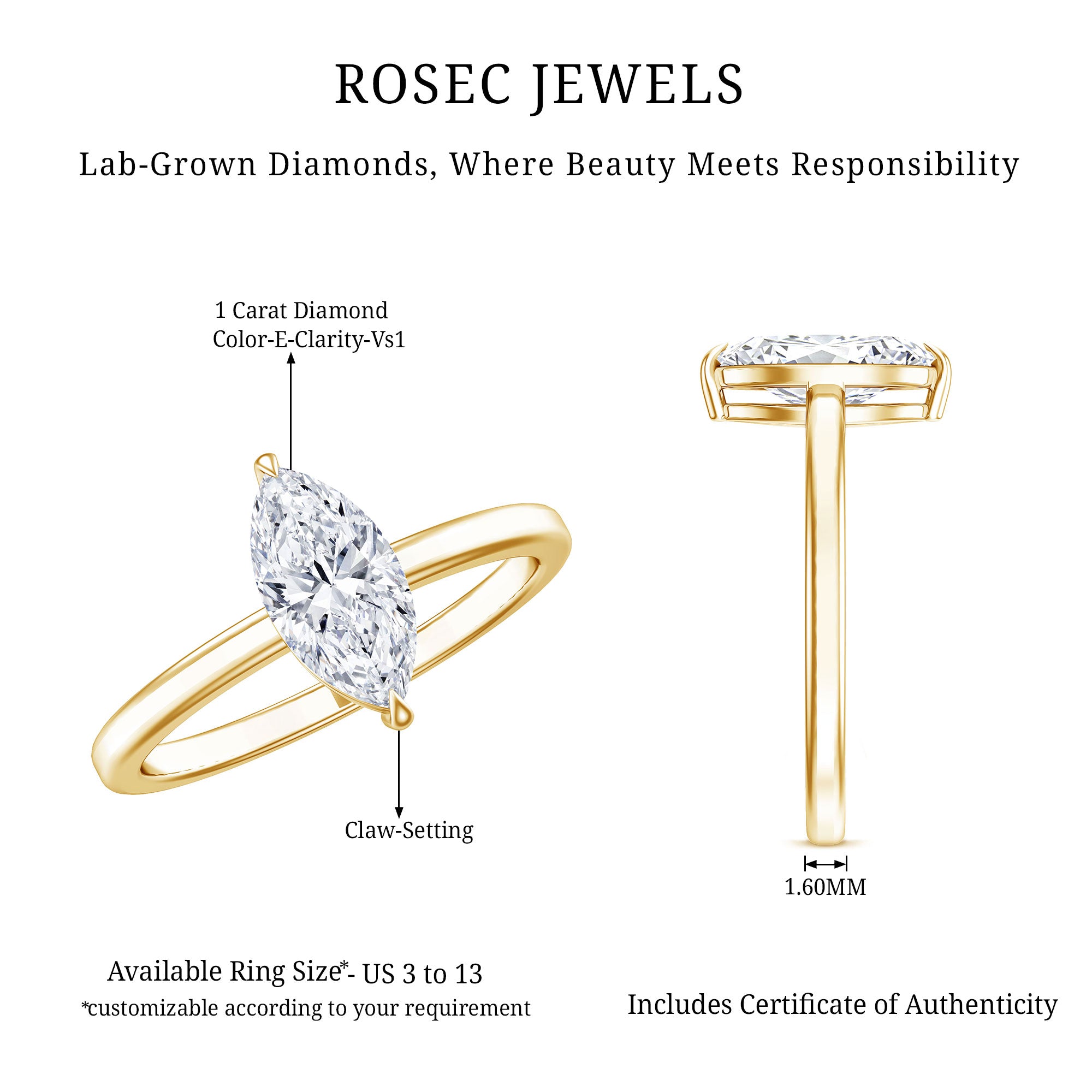 IGI Certified Lab Grown 1 Carat Diamond Marquise Engagement Ring Solitaire Lab - ( E-VS1 ) - Rosec Jewels