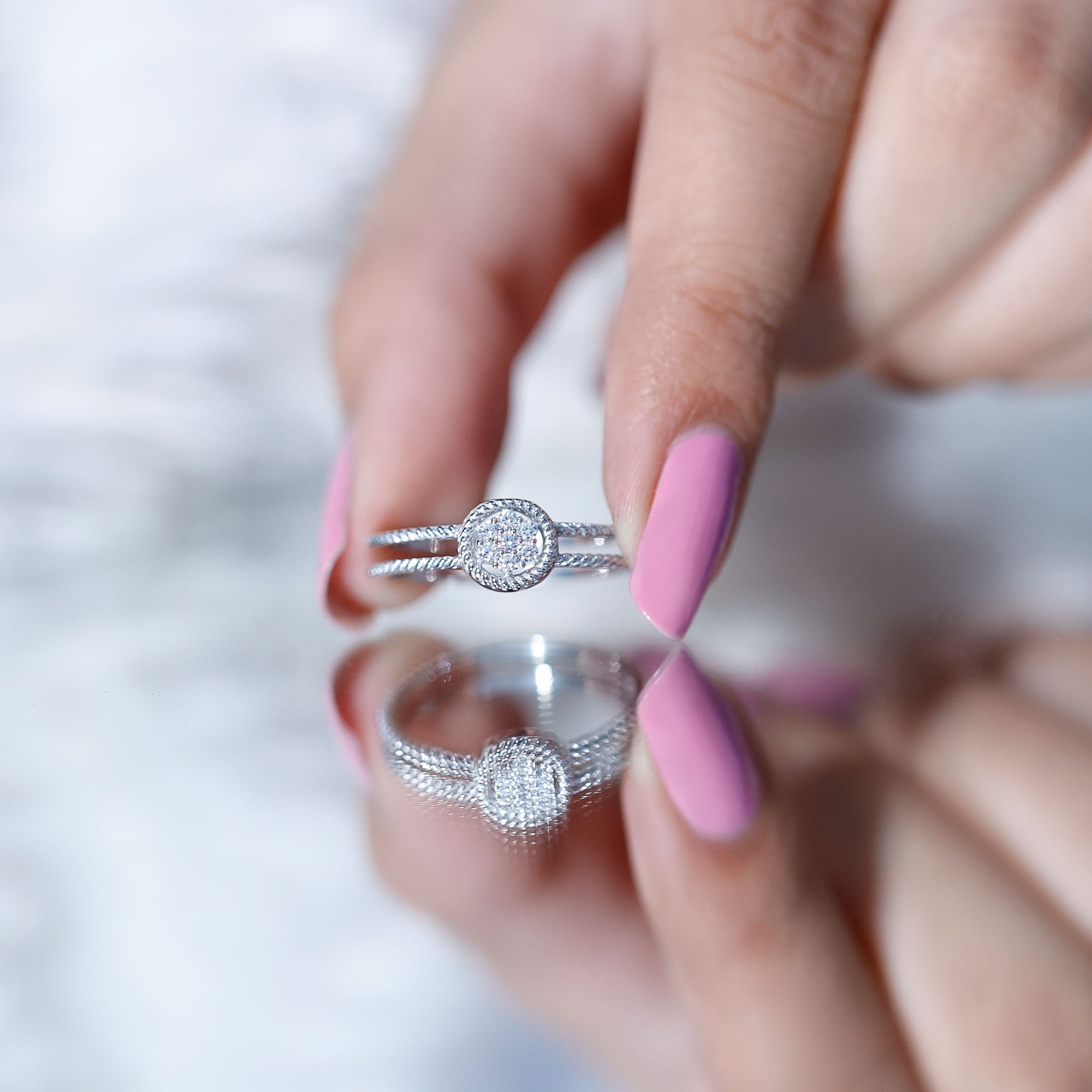 Certified Lab Grown Diamond Flower Promise Ring with Double Band Shank Lab - ( EF-VS ) - Rosec Jewels