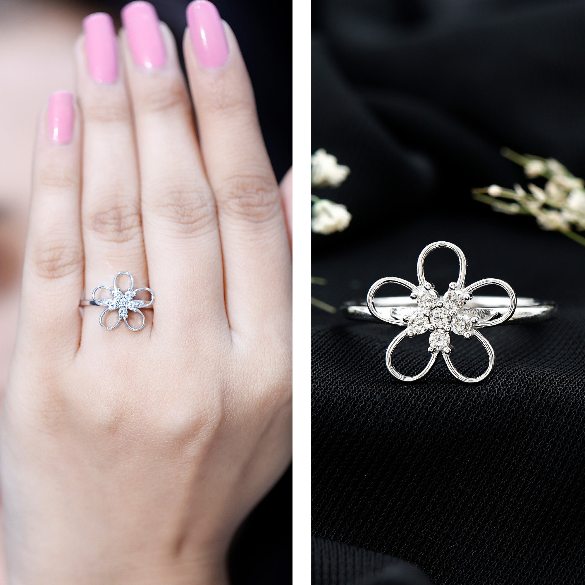 Lab Grown Certified Diamond Flower Engagement Ring for Women Lab - ( EF-VS ) - Rosec Jewels