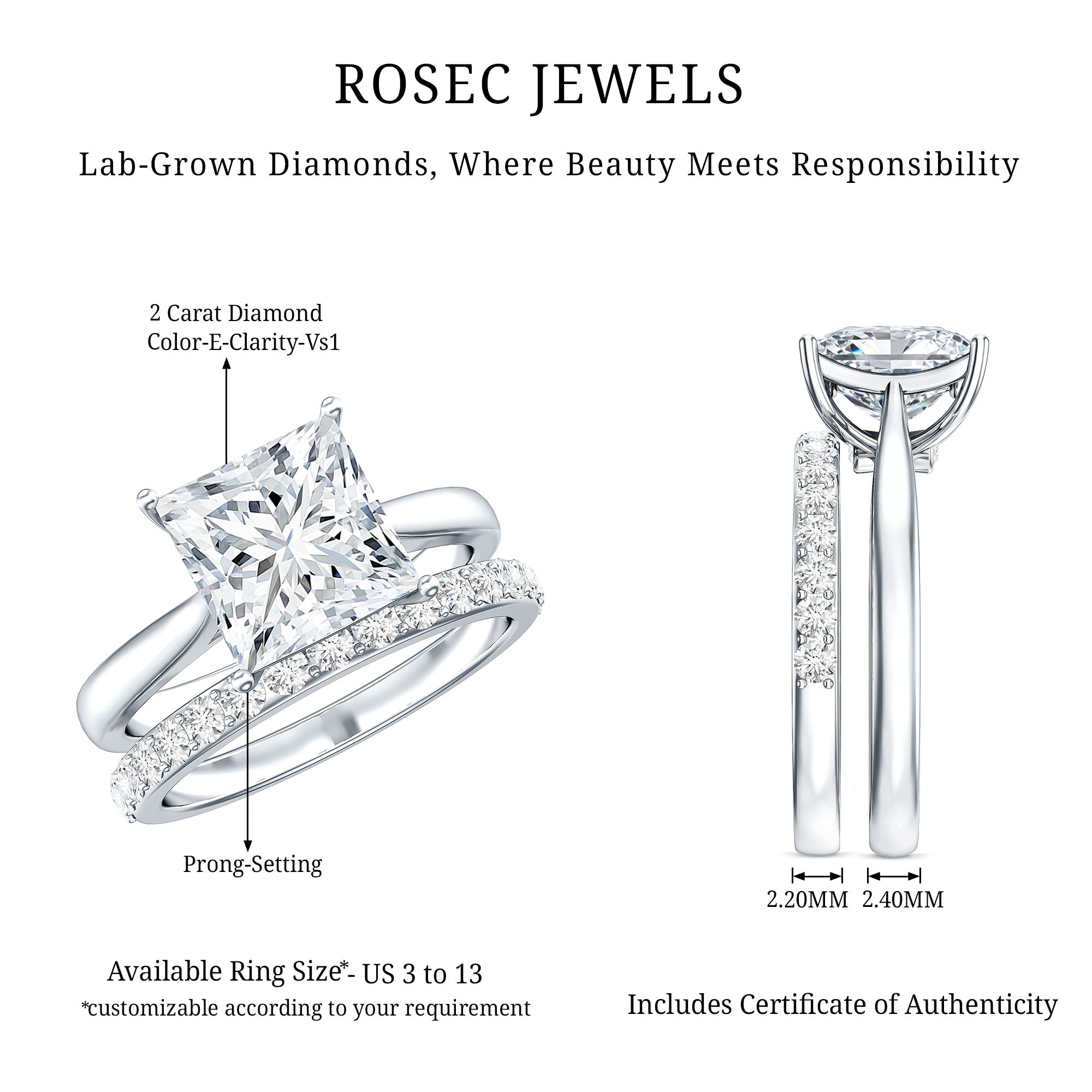 IGI Certified 2 Carat Lab Grown Diamond Princess Cut Engagement Ring With Wedding Band Lab - ( E-VS1 ) - Rosec Jewels