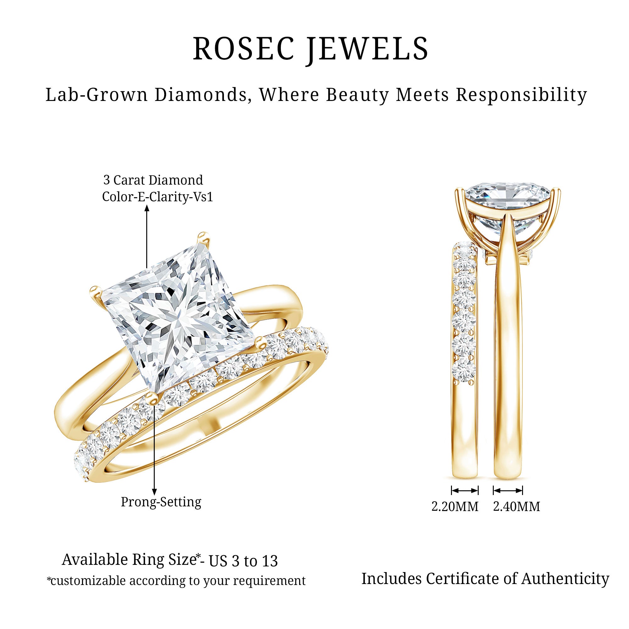 IGI Certified 3 Carat Lab Grown Diamond Princess Cut Wedding Ring Set for Women Lab - ( E-VS1 ) - Rosec Jewels