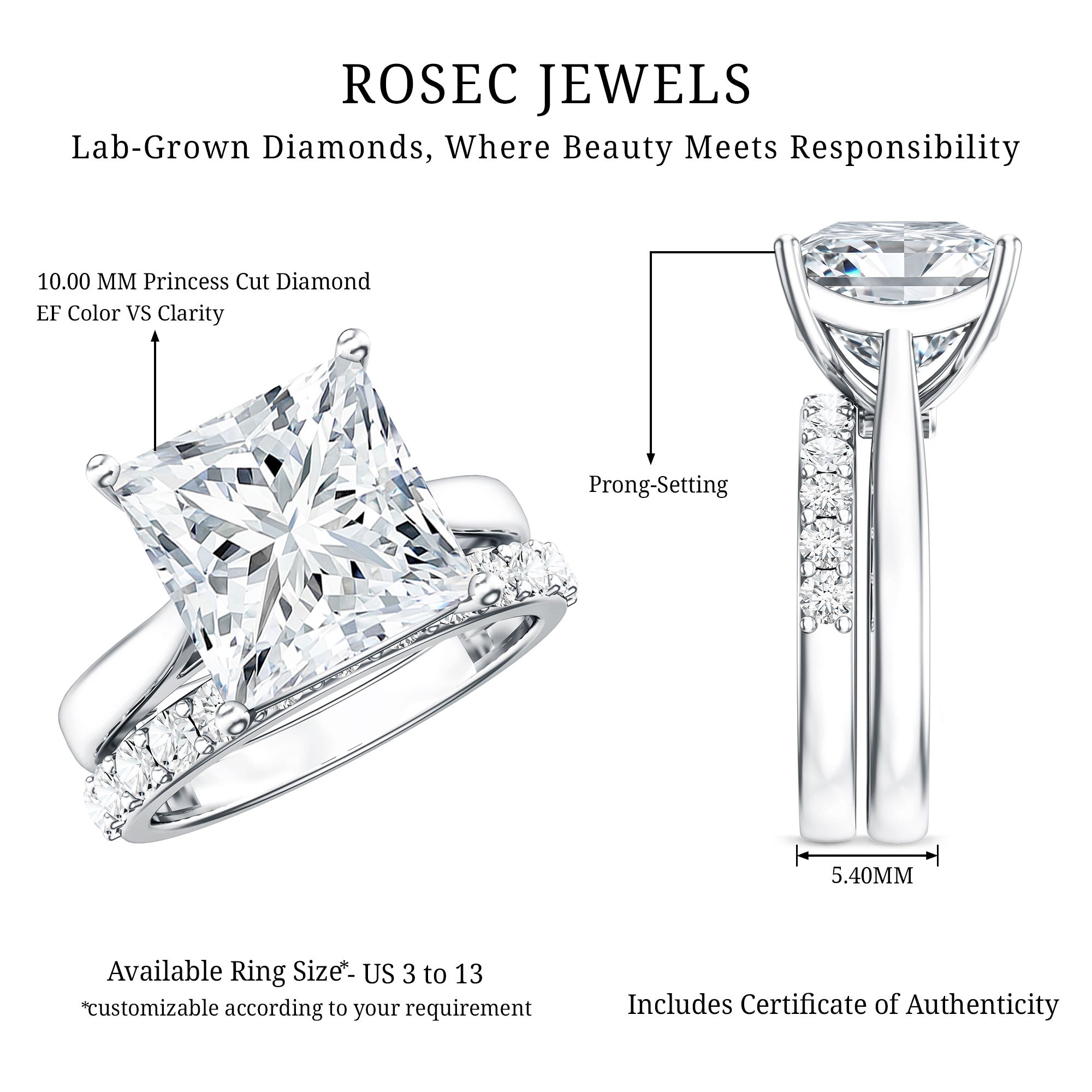 5 Carat Huge Lab Grown Diamond Princess Cut Engagement Ring Set with IGI Certificate Lab - ( E-VS1 ) - Rosec Jewels