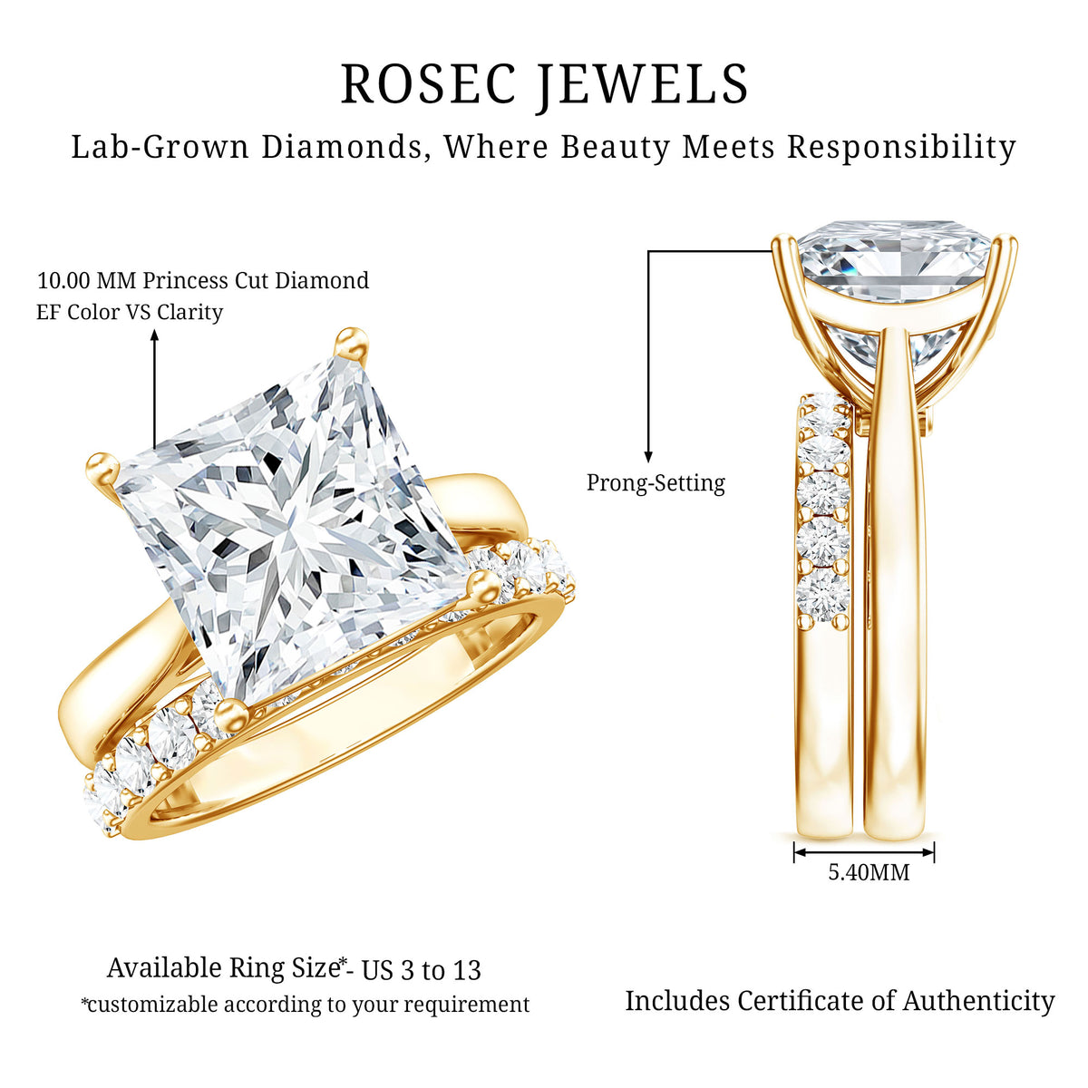 5 Carat Huge Lab Grown Diamond Princess Cut Engagement Ring Set with IGI Certificate Lab - ( E-VS1 ) - Rosec Jewels