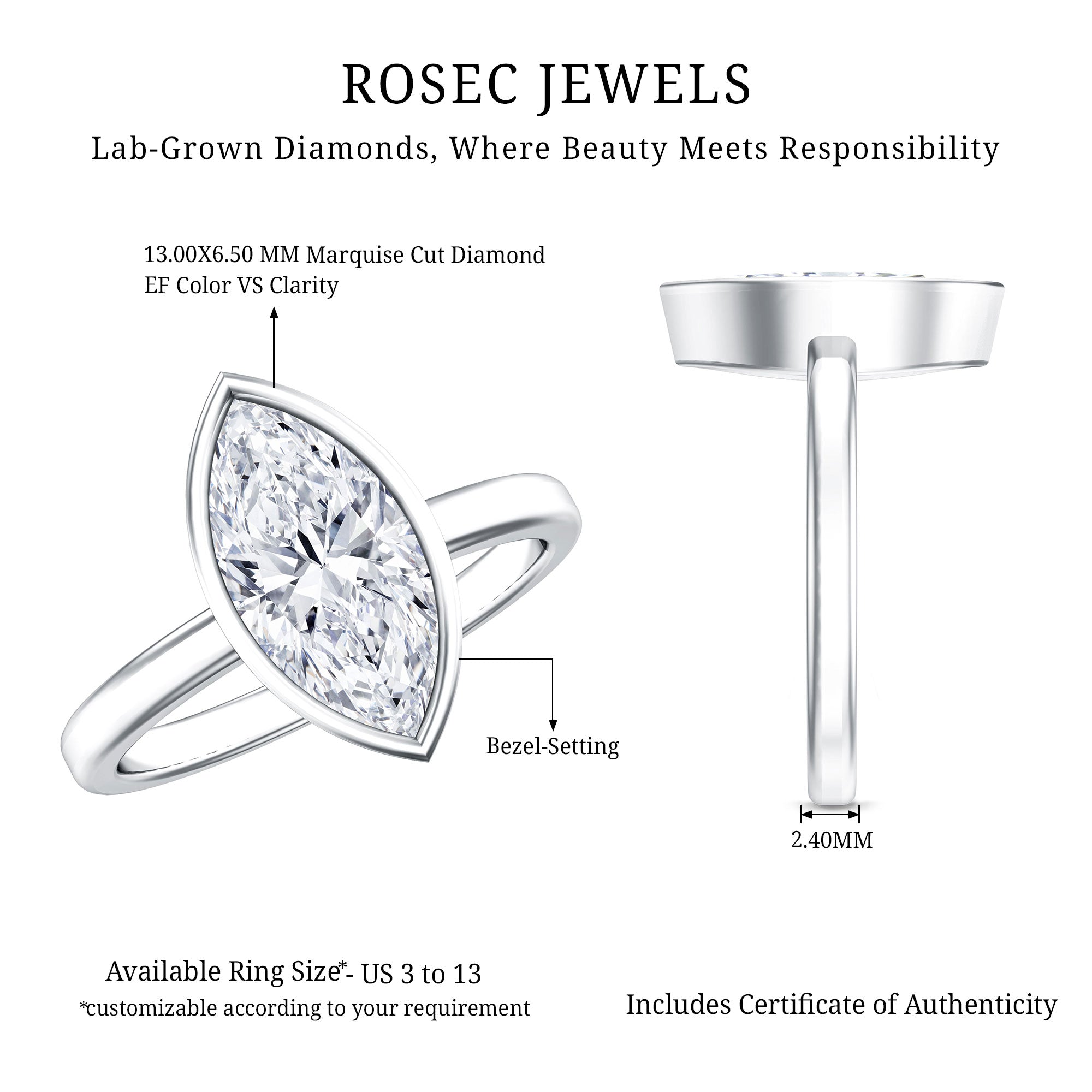 IGI Certified 2 Carat Lab Grown Diamond Marquise Ring For Engagement Lab - ( E-VS1 ) - Rosec Jewels