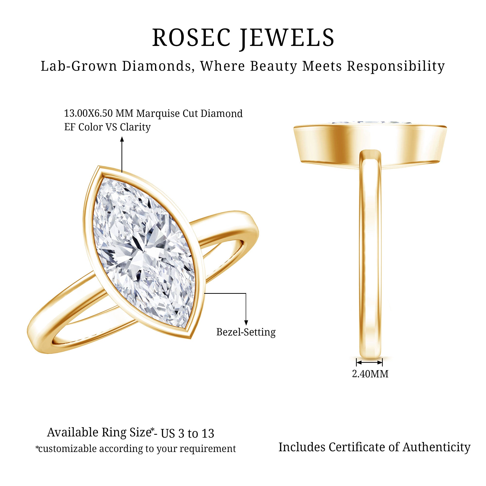 IGI Certified 2 Carat Lab Grown Diamond Marquise Ring For Engagement Lab - ( E-VS1 ) - Rosec Jewels
