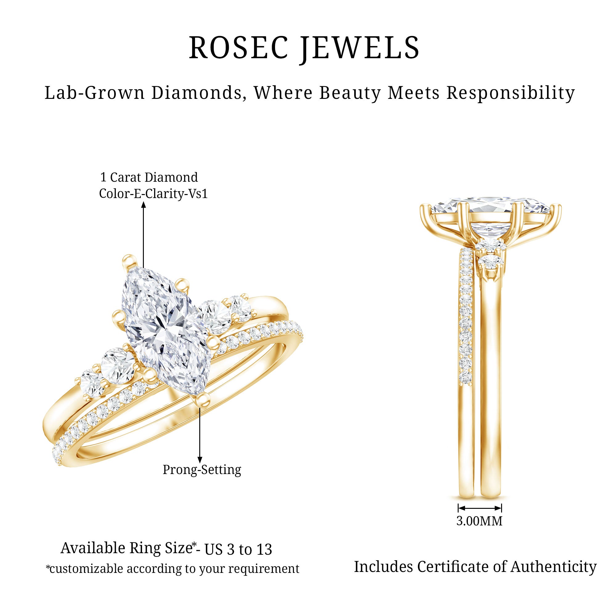IGI Certified 1 Carat Marquise Lab Grown Diamond Wedding Ring Set for Women Lab - ( E-VS1 ) - Rosec Jewels