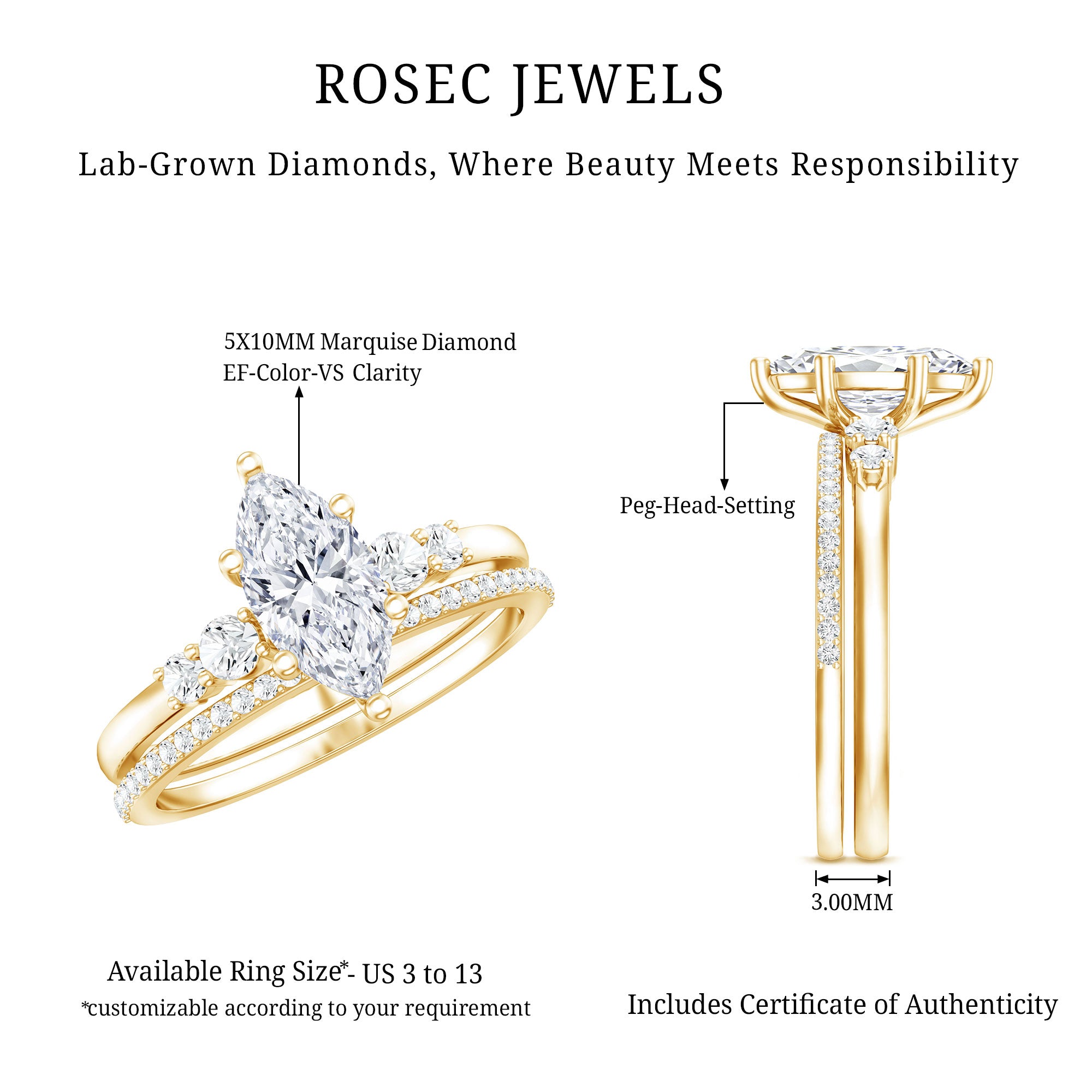 Rosec Jewels-IGI Certified 1 Carat Marquise Lab Grown Diamond Wedding Ring Set for Women