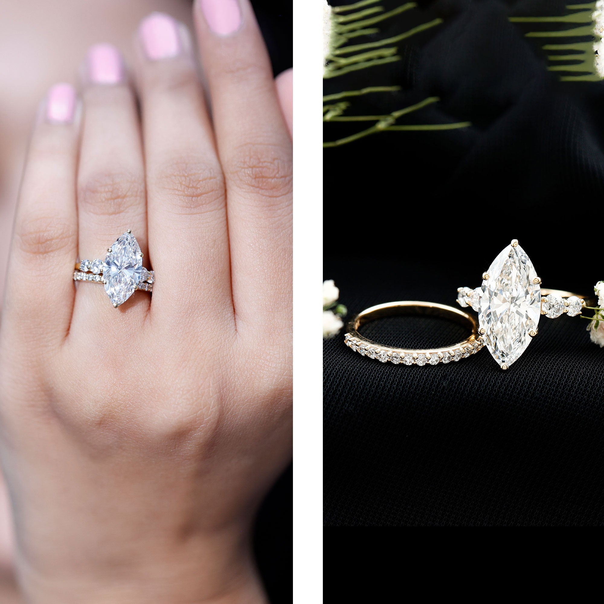 IGI Certified 3 Carat Lab Grown Diamond Marquise Bridal Wedding Ring Set Lab - ( E-VS1 ) - Rosec Jewels