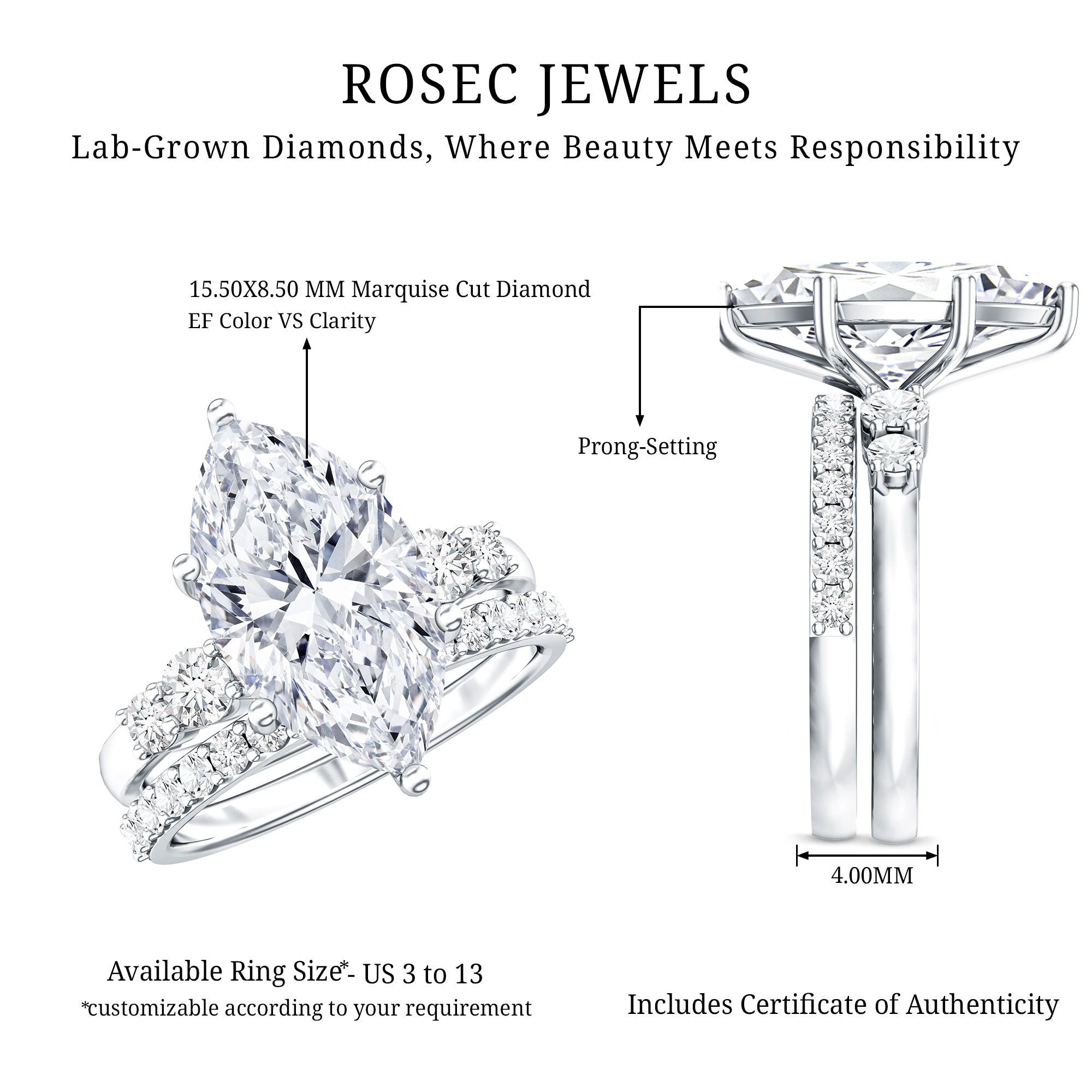 Rosec Jewels-IGI Certified Lab Grown Diamond 4 Carat Marquise Engagement Ring with Wedding Band