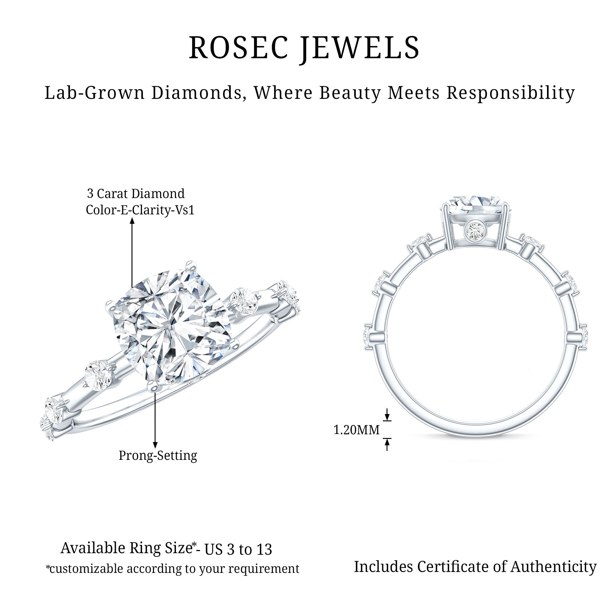 3 Carat IGI Certified Lab Grown Diamond Cushion Cut Engagement Ring for Women Lab - ( E-VS1 ) - Rosec Jewels
