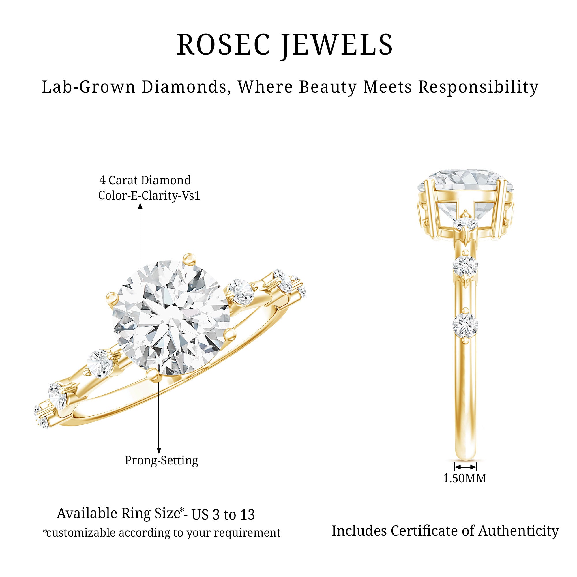 Lab Grown 4 Carat Round Diamond Solitaire Engagement Ring with IGI Certificate Lab - ( E-VS1 ) - Rosec Jewels