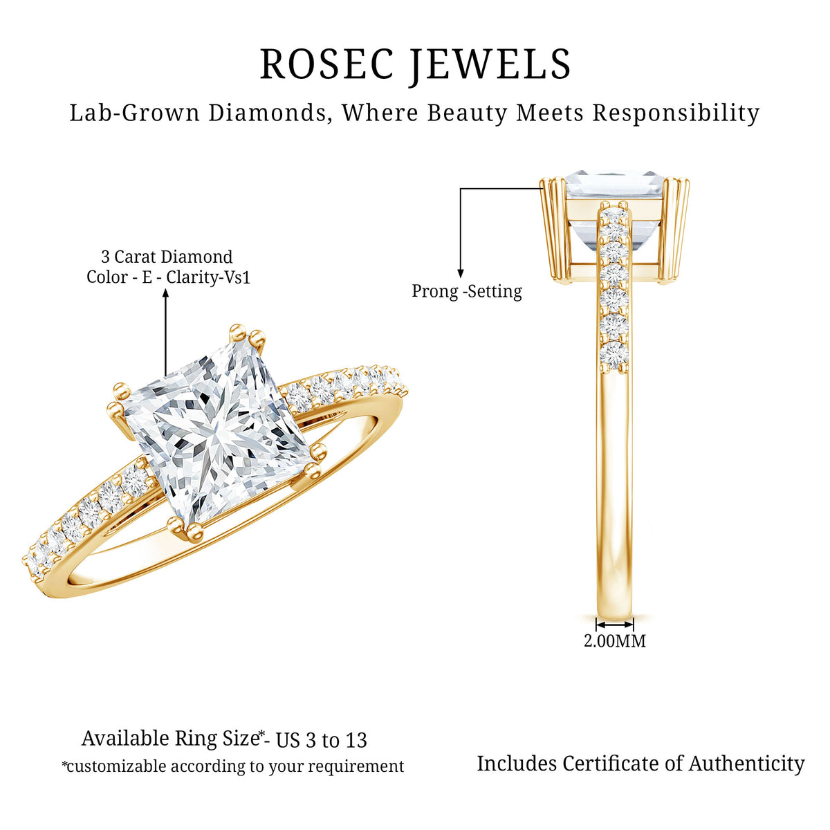 IGI Verified Lab Grown Diamond 3 Carat Princess Cut Engagement Ring Lab - ( E-VS1 ) - Rosec Jewels