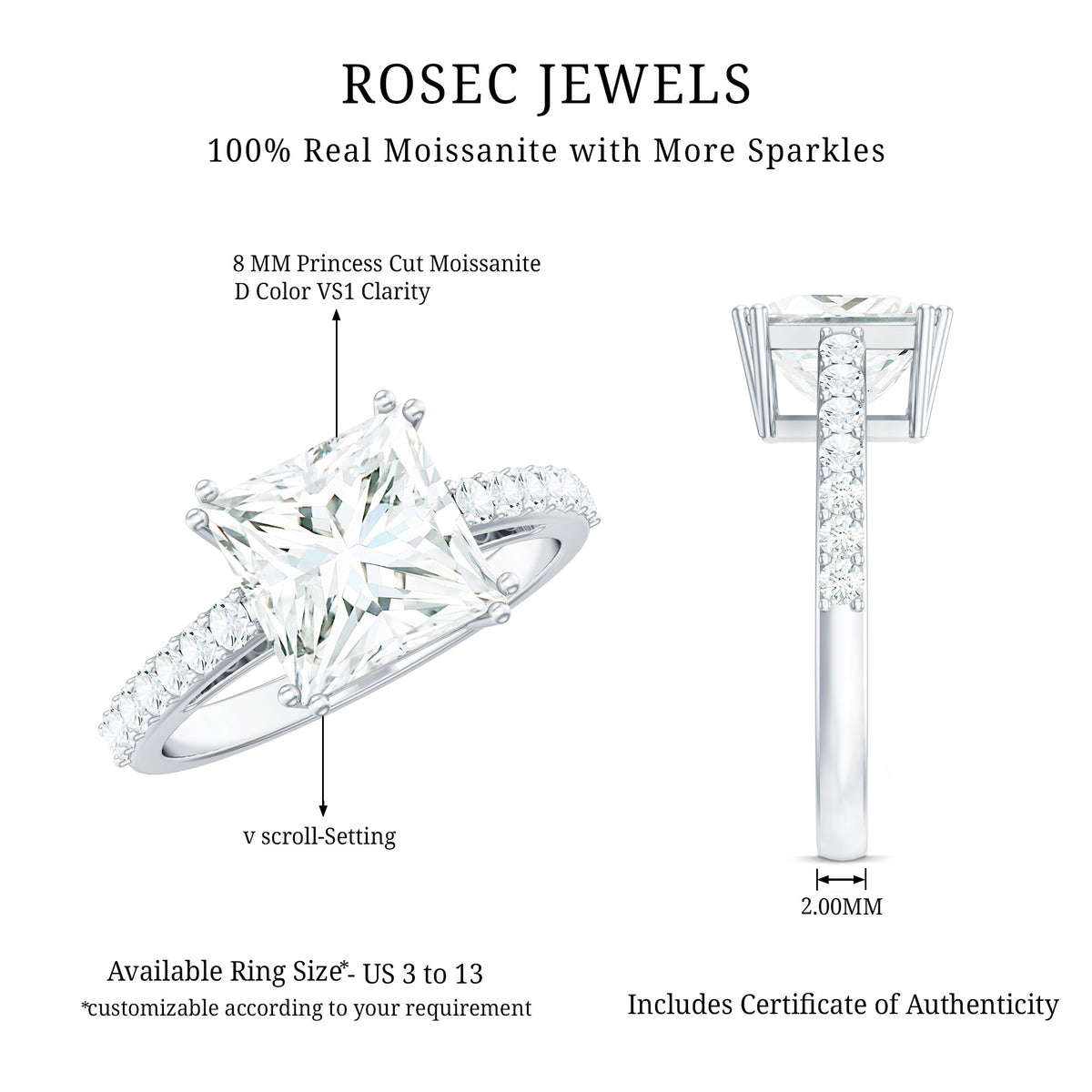 Rosec Jewels-2 Carat Lab Grown Diamond Princess Cut Engagement Ring IGI Certified
