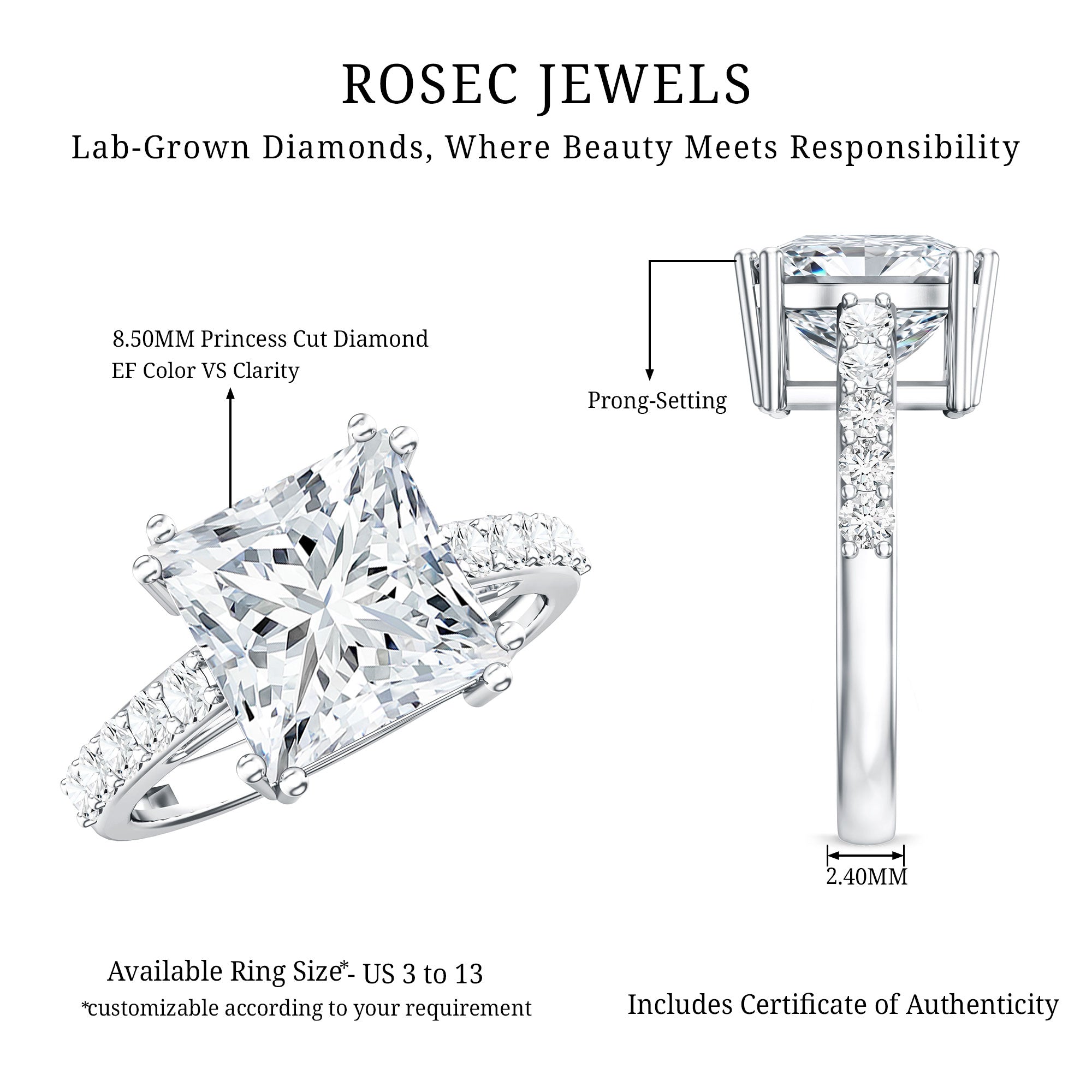 IGI Certified 4 Carat Princess Cut Lab Grown Diamond Solitaire Engagement Ring Lab - ( E-VS1 ) - Rosec Jewels