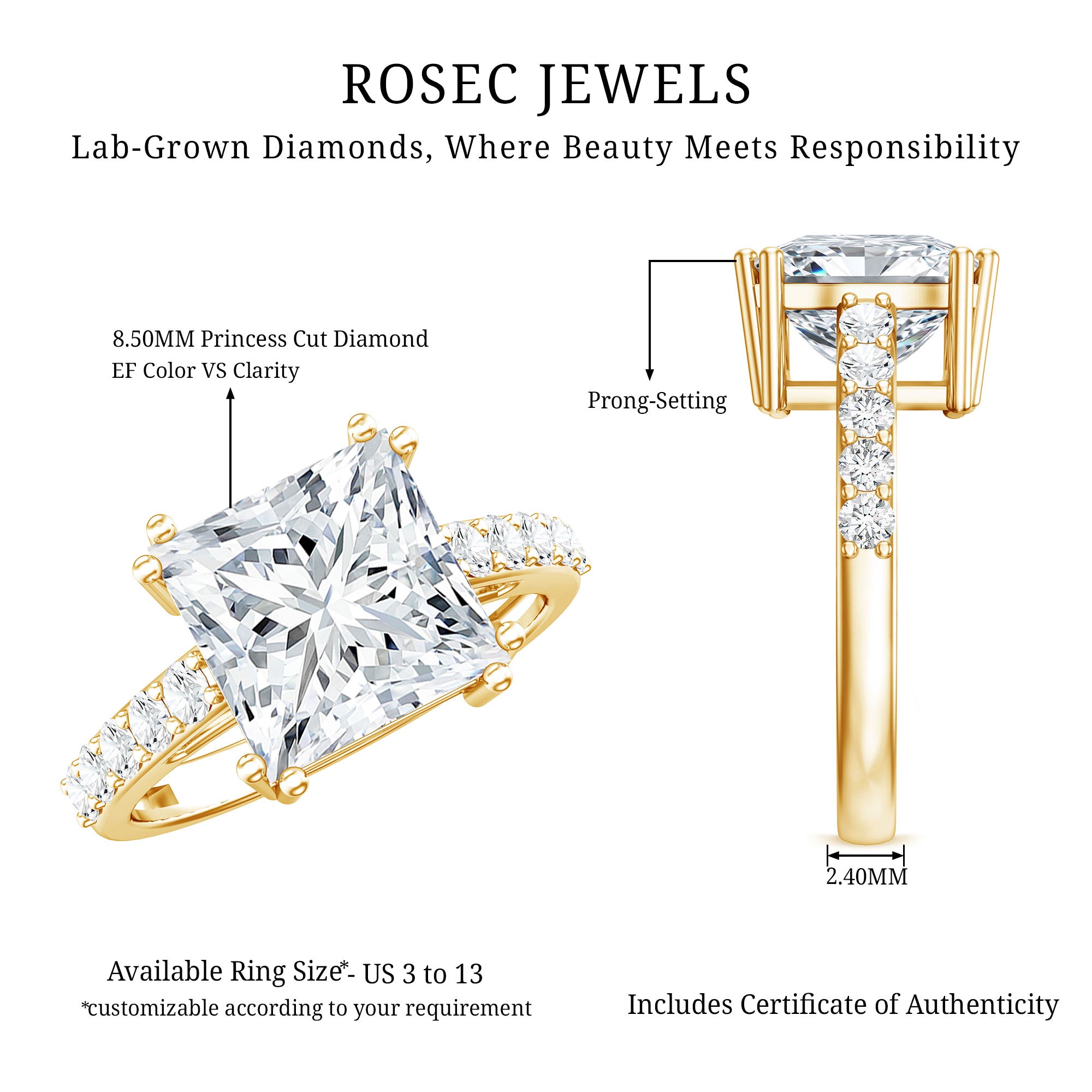 IGI Certified 4 Carat Princess Cut Lab Grown Diamond Solitaire Engagement Ring Lab - ( E-VS1 ) - Rosec Jewels