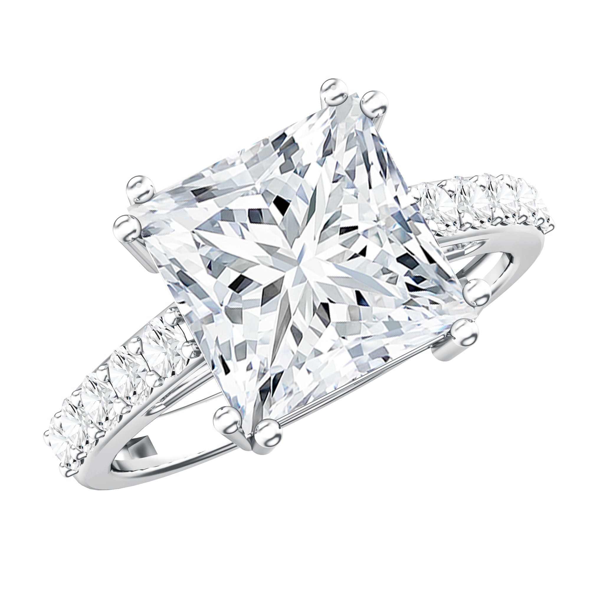 IGI Certified Princess Cut Lab Grown Diamond 5 Carat Engagement Ring with Side Stones Lab - ( E-VS1 ) - Rosec Jewels