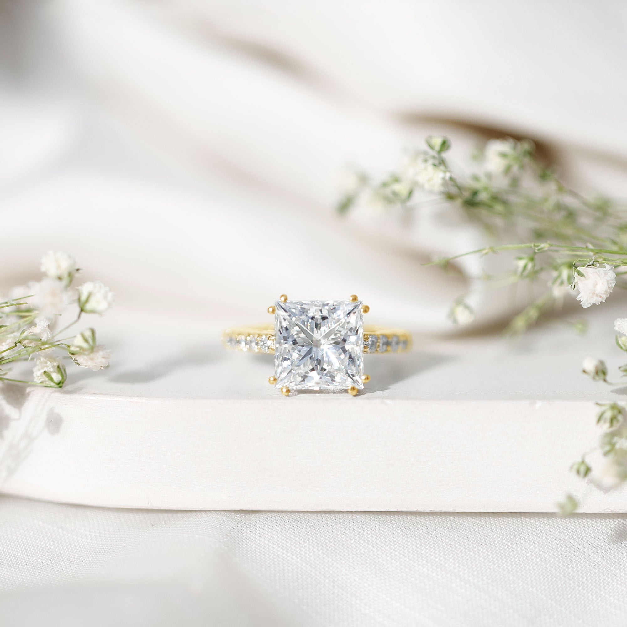 IGI Certified Princess Cut Lab Grown Diamond 5 Carat Engagement Ring with Side Stones Lab - ( E-VS1 ) - Rosec Jewels